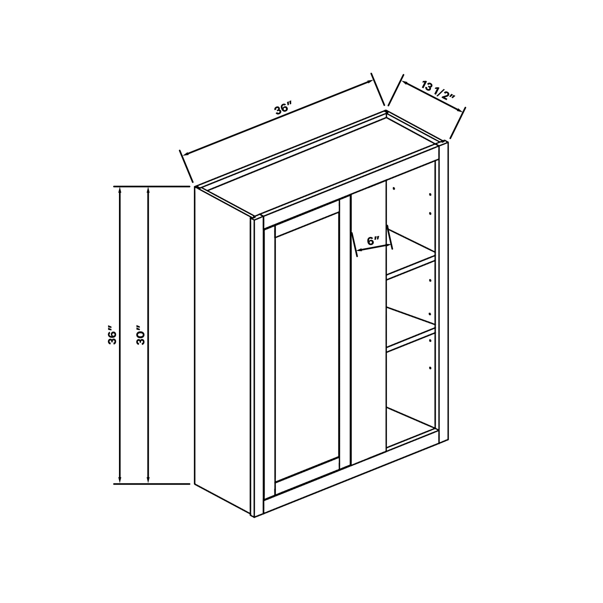 Inset Origami White RTA 36"W x 30-42"H x 13.5"D 3-Size Blind Corner Wall Cabinet with 2-3 Shelves