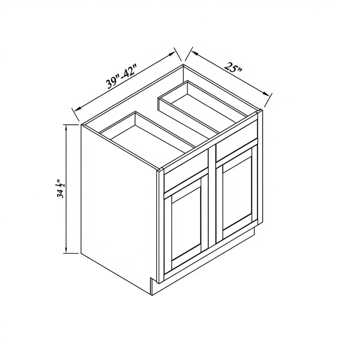 Inset Origami White RTA 39-42"W x 34.5"H x 25"D 2-Size Double Drawers Base Cabinet with 2 Doors