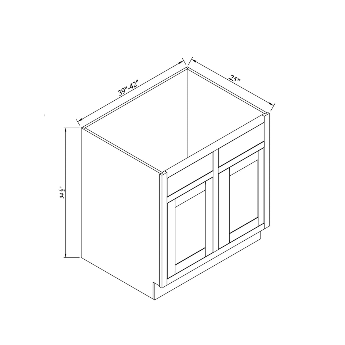 Inset Origami White RTA 39-42"W x 34.5"H x 25"D 2-Size Sink Base Cabinet with 2 Doors and 2 False Drawers