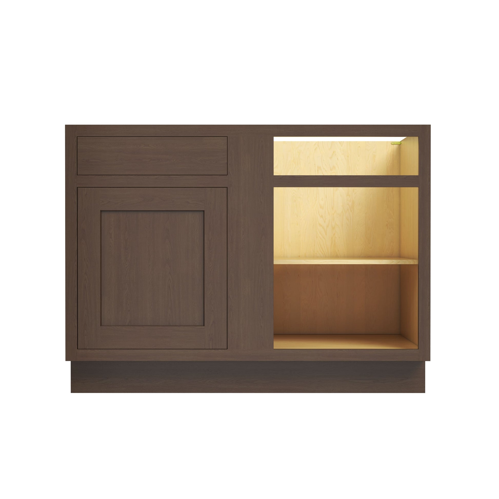 Inset Truffle Brown RTA 40-46"W x 34.5"H x 25"D 3-Size Blind Corner Base Cabinet with 1 Door, 1 Drawer and 1 Shelf