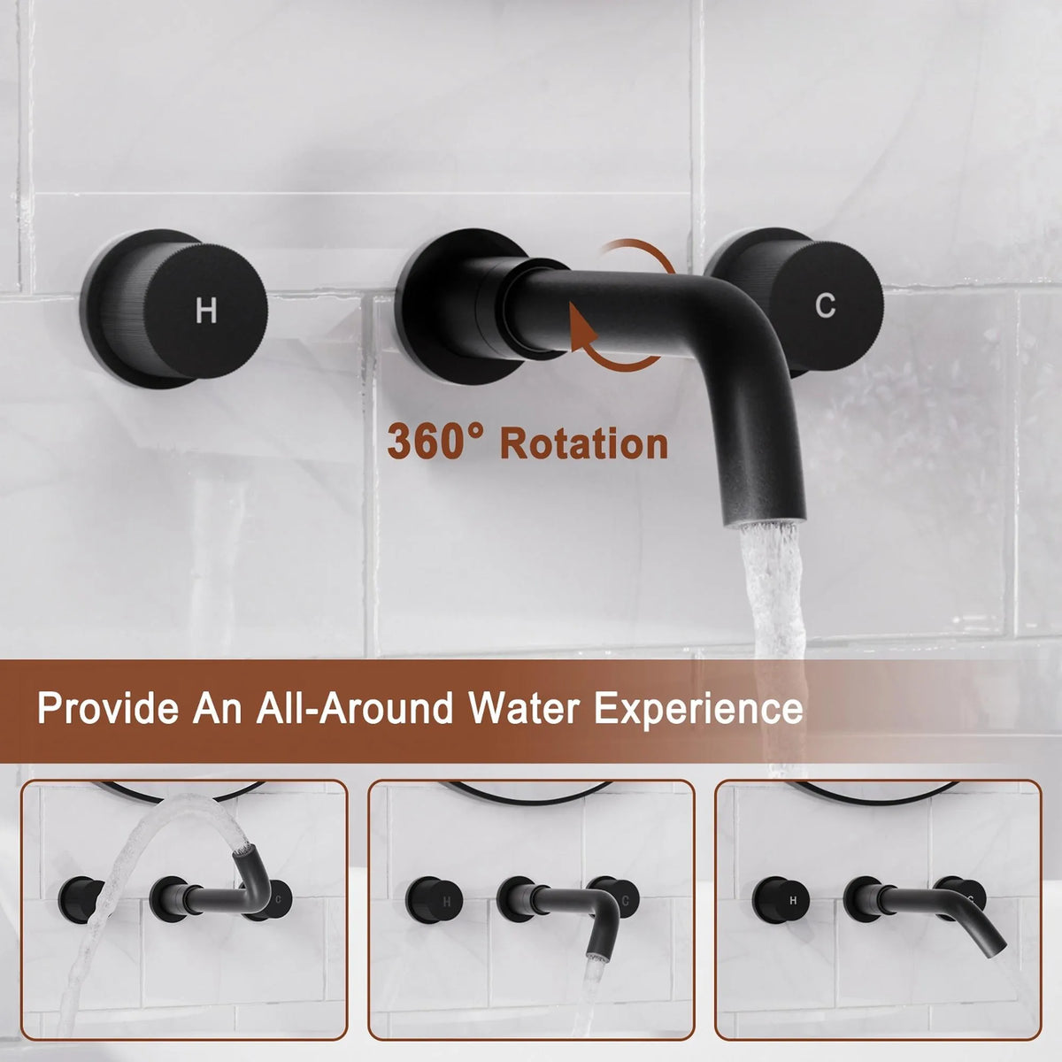 Matte Black 2-Handle Wall-Mounted Bathroom Basin Faucet with 360° Swivel Spout