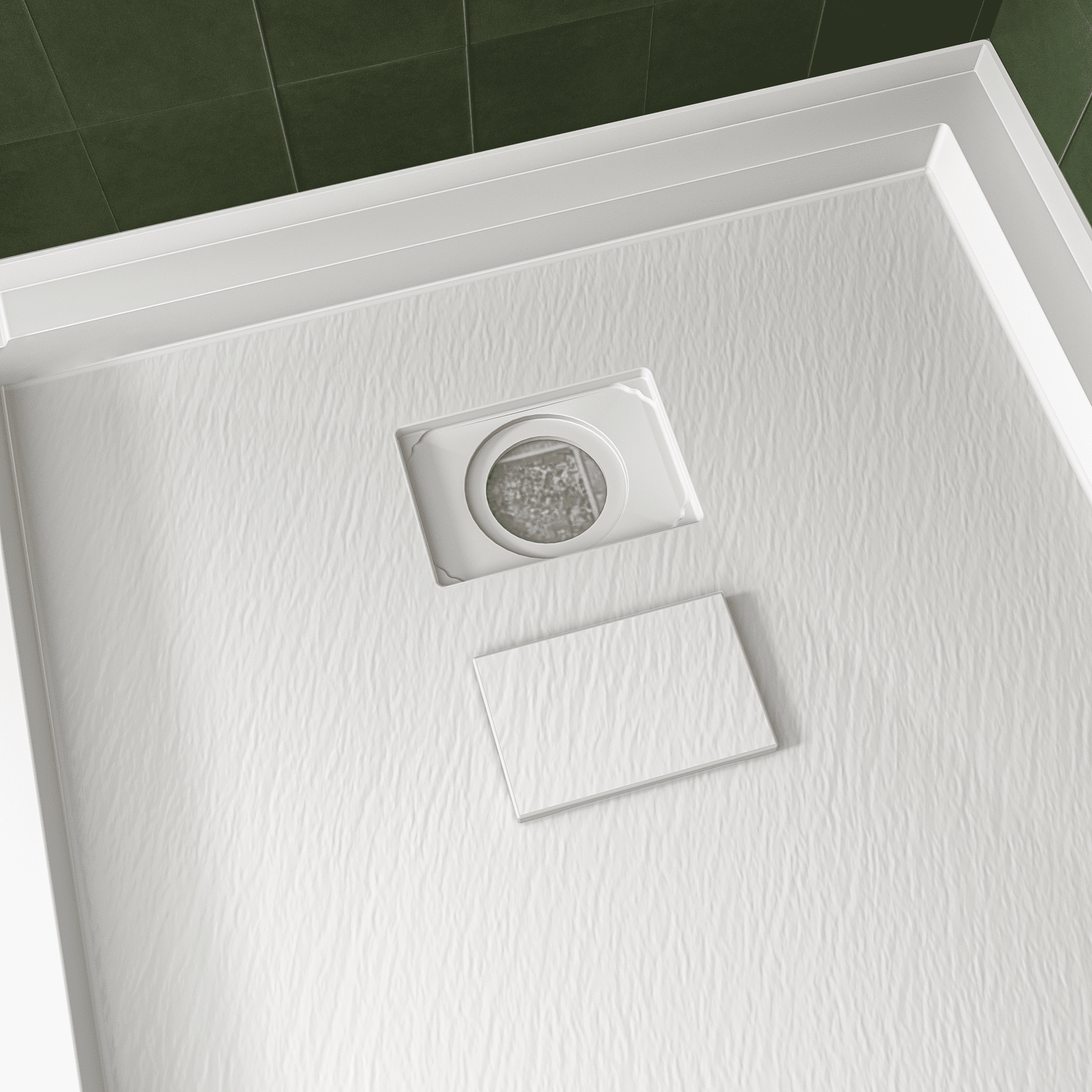 One-piece White Shower Base with Flamed Rock Slip-Resistant Surface, Left/Right Drain