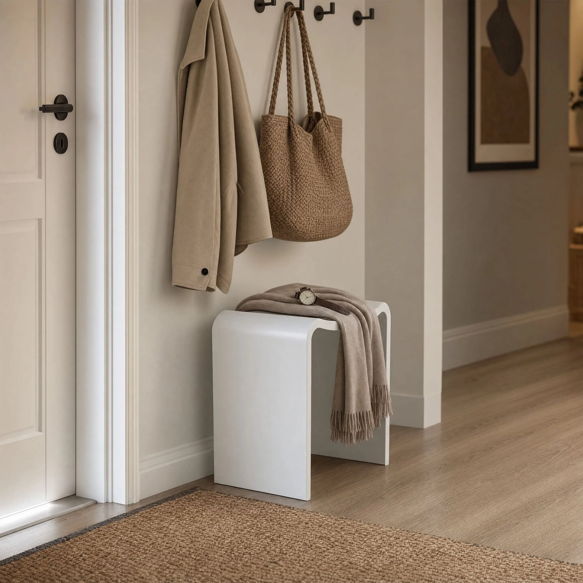 Solid Surface U-Shaped Shower Stool in Matte White / Matte Black