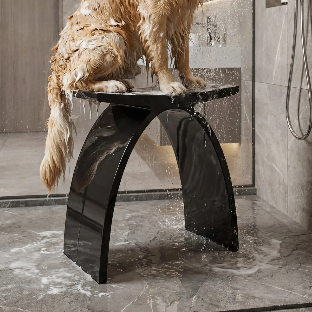Translucent Resin Arched Solid Surface Bathroom Shower Bench in Glossy Smoke Black/Amber