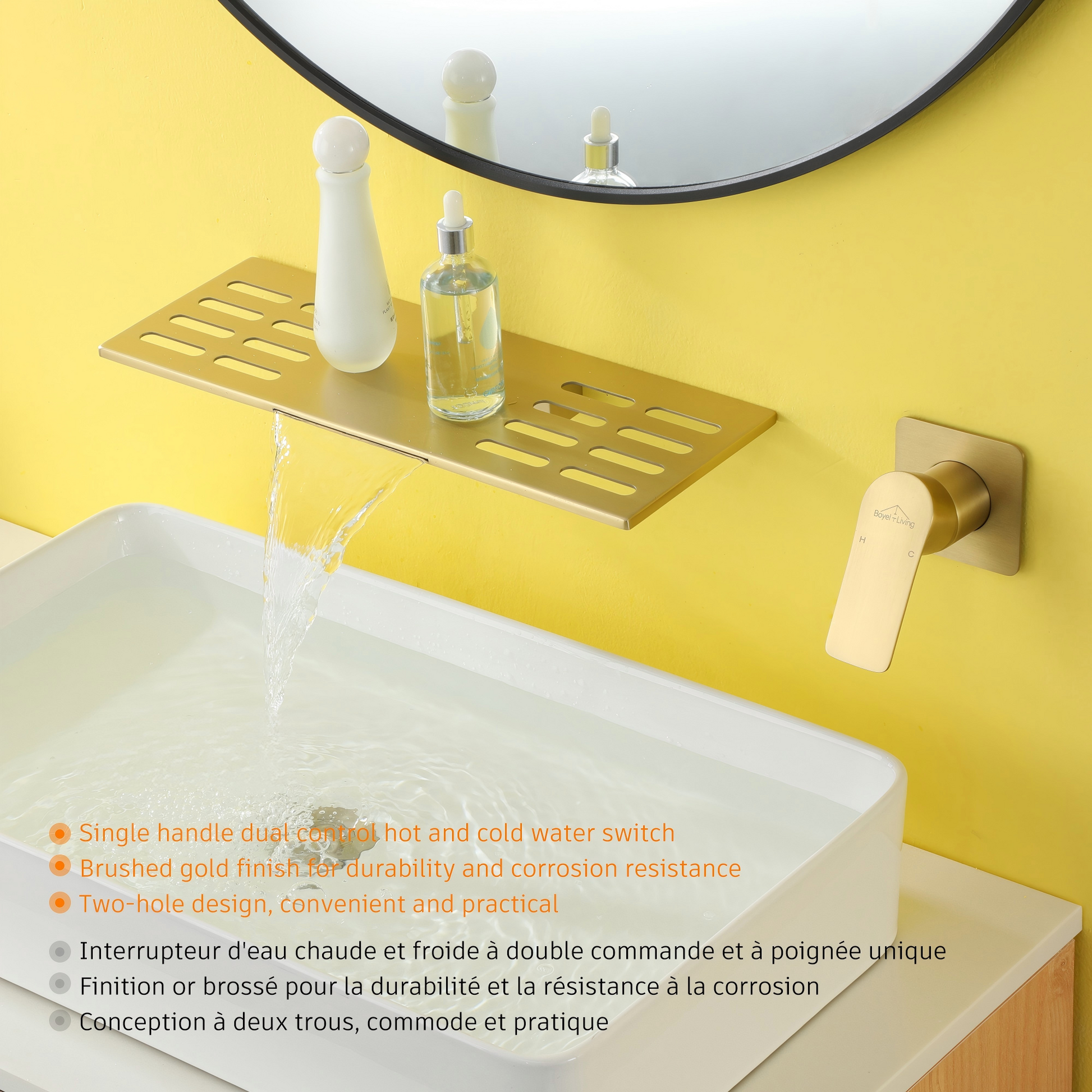 Brushed Gold Wall Mount Waterfall Bathroom Faucet