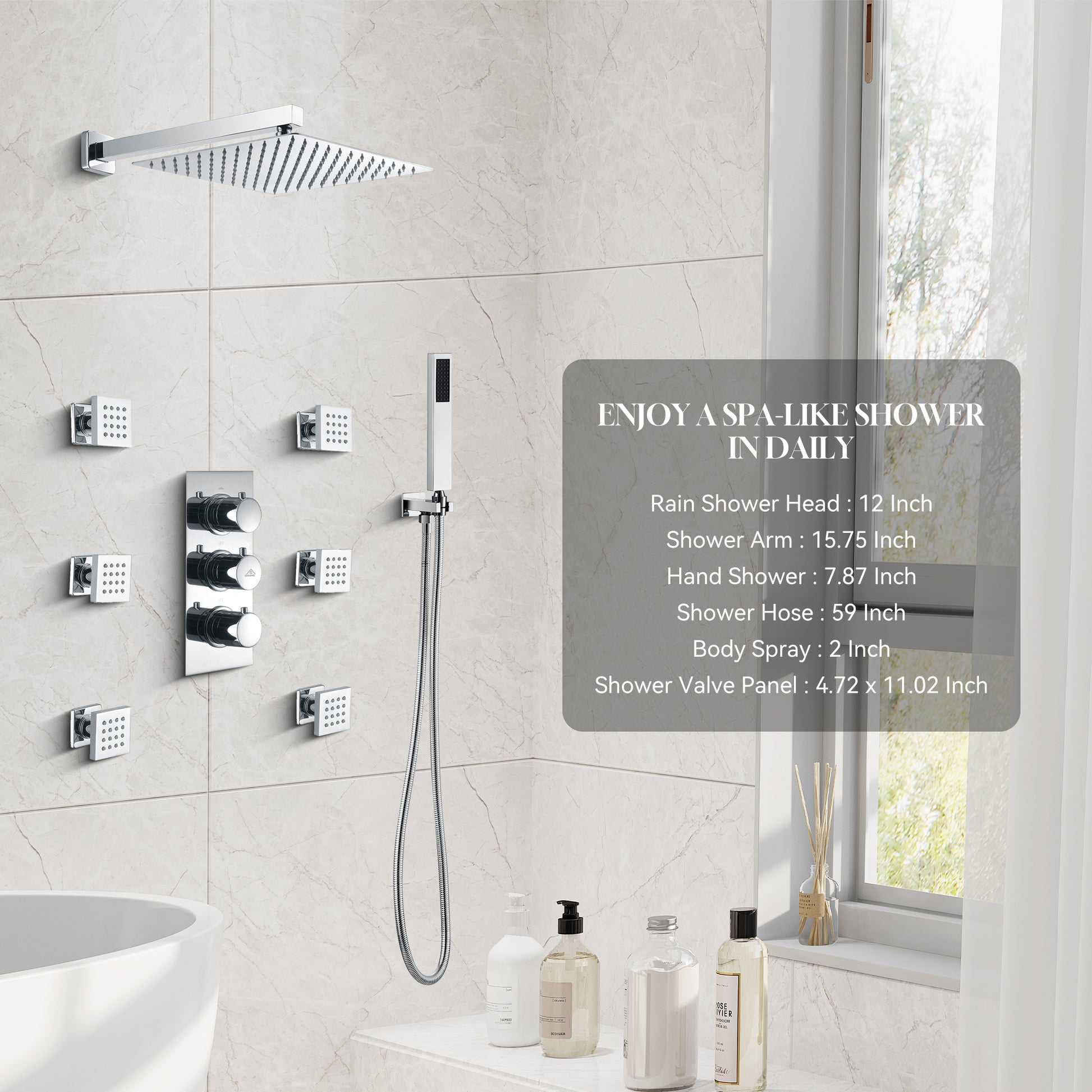 12" Thermostatic Complete Shower System with Rough-in Valve & 6 Body Jets