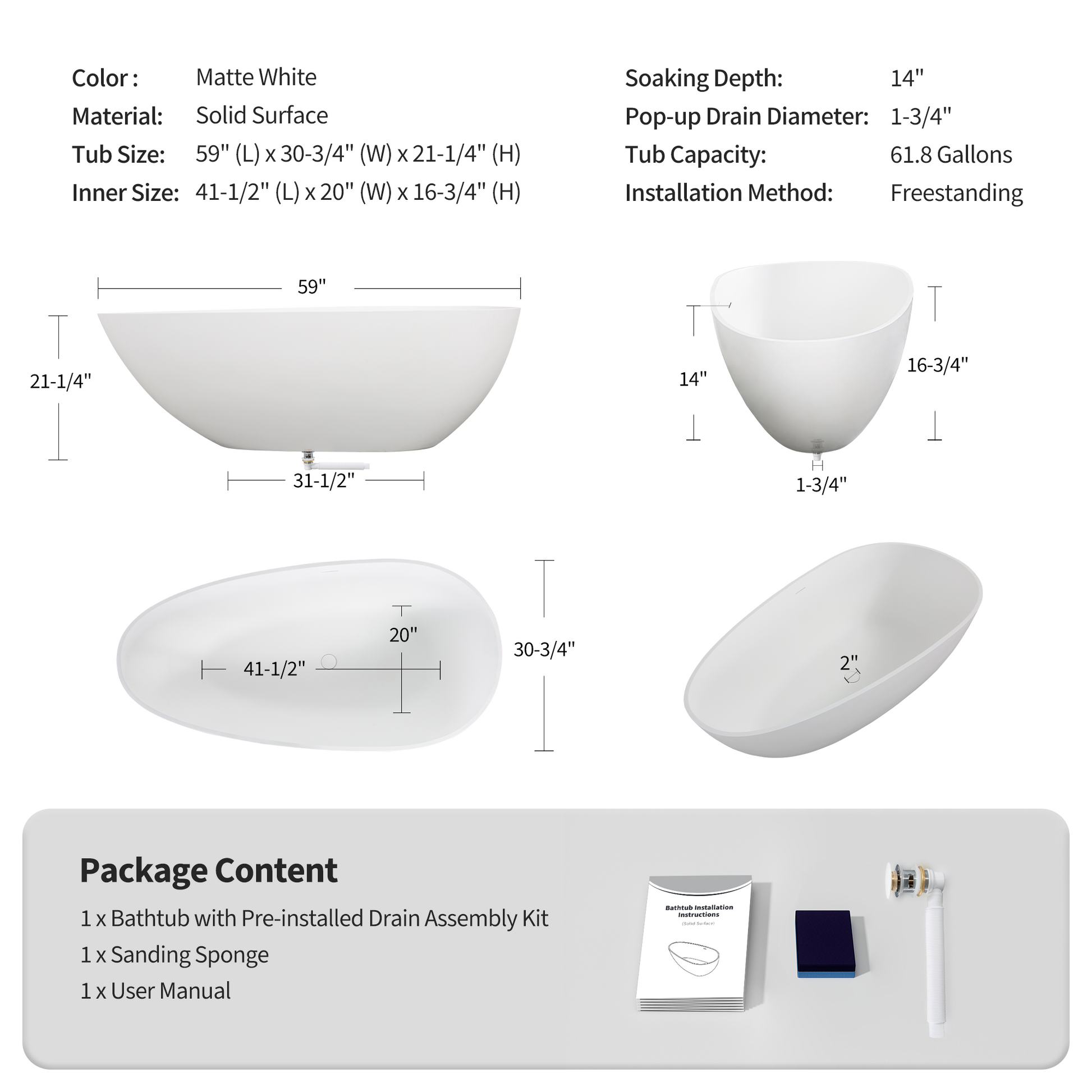 59/67" Luxury Handcrafted Freestanding Solid Surface Soaking Bathtub in Glossy White/Matte White