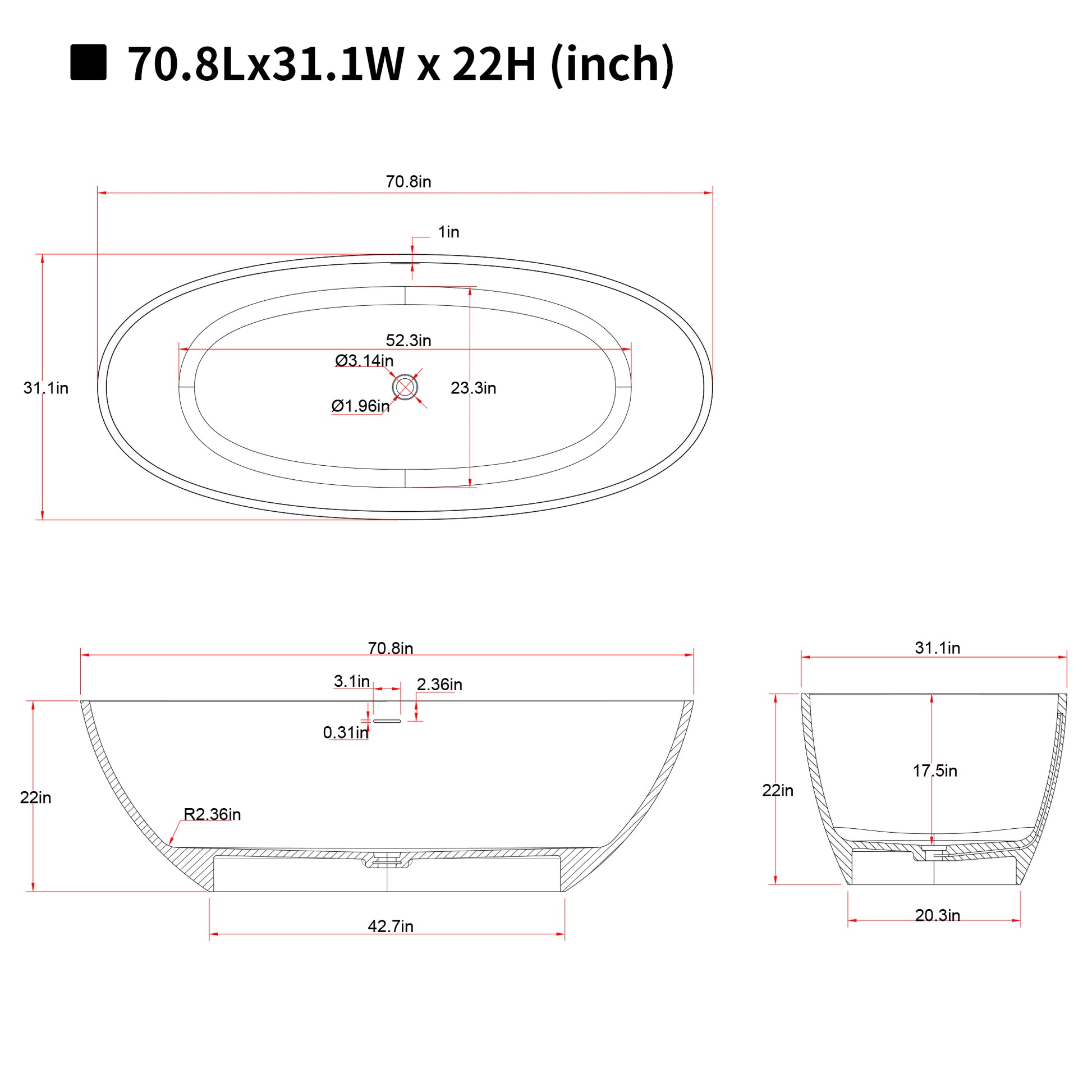55"/59"/63"/67"/71" Contemporary Grey Stone Resin Soaking Tub with Oval Design and Center Overflow