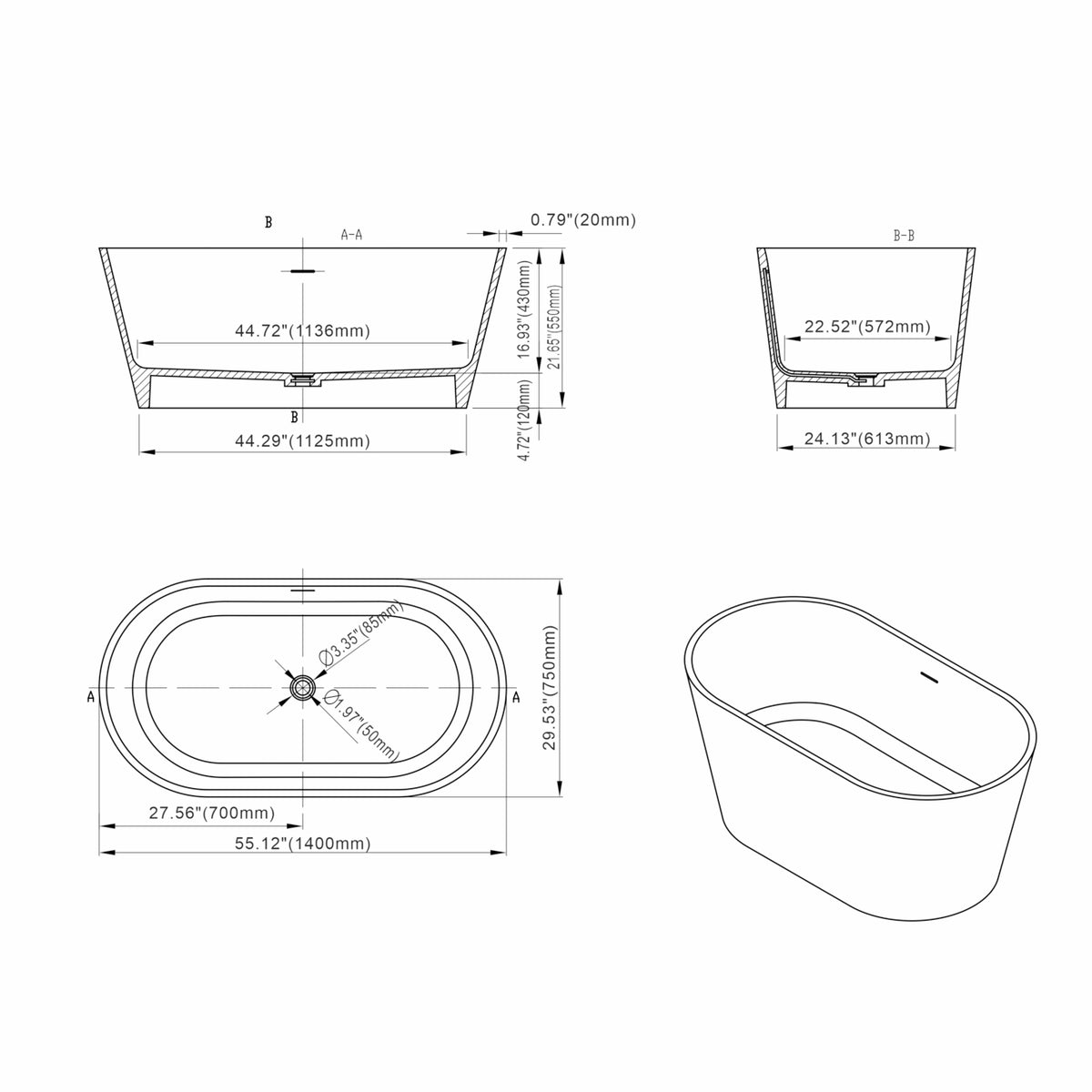55"/ 59"/63"/65"/71" Matt White Solid Surface Freestanding Soaking Bathtub for Bathroom