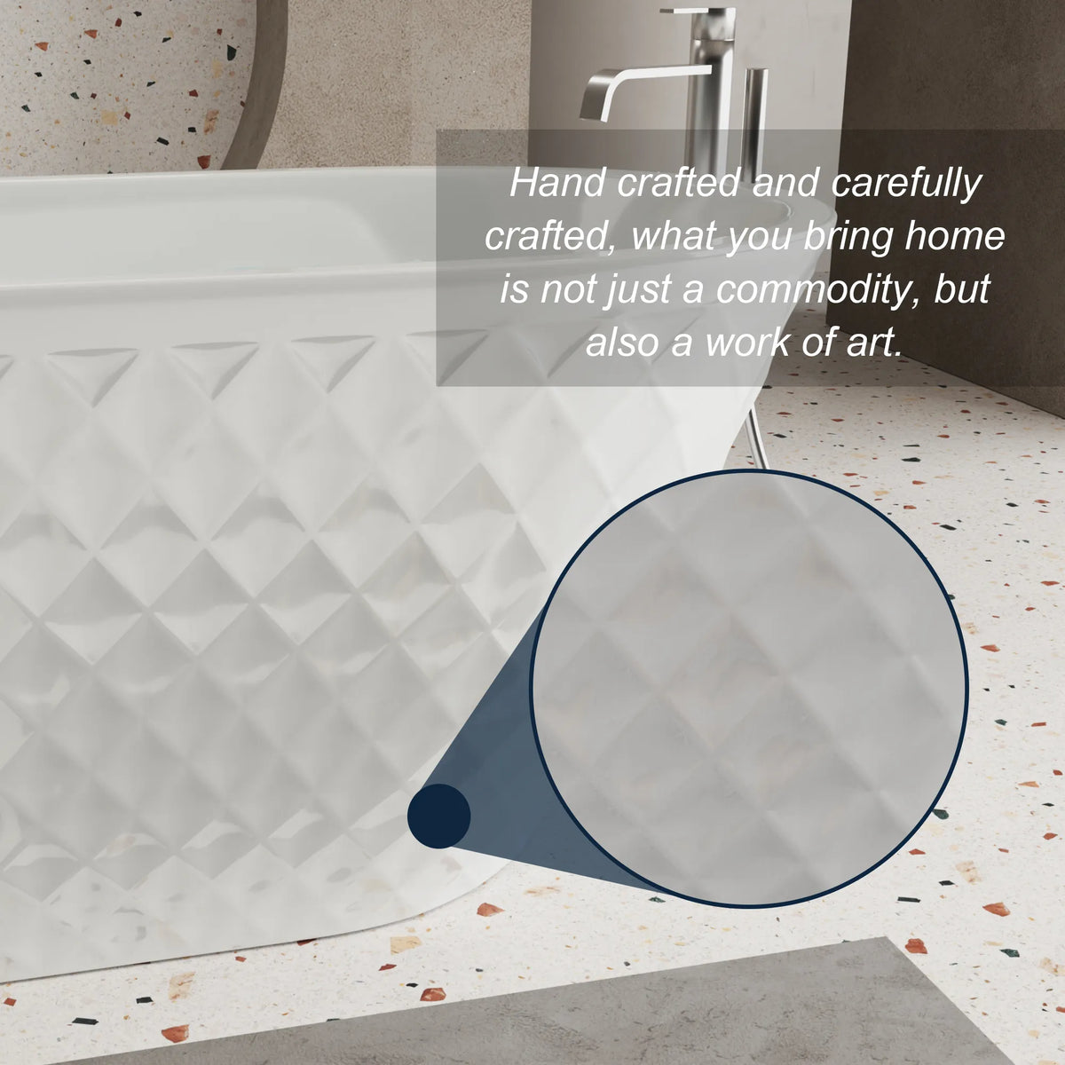 59" Gloss White Diamond-Pattern Exterior Acrylic Freestanding Bathtub with Chrome Overflow and Pop-Up Drain