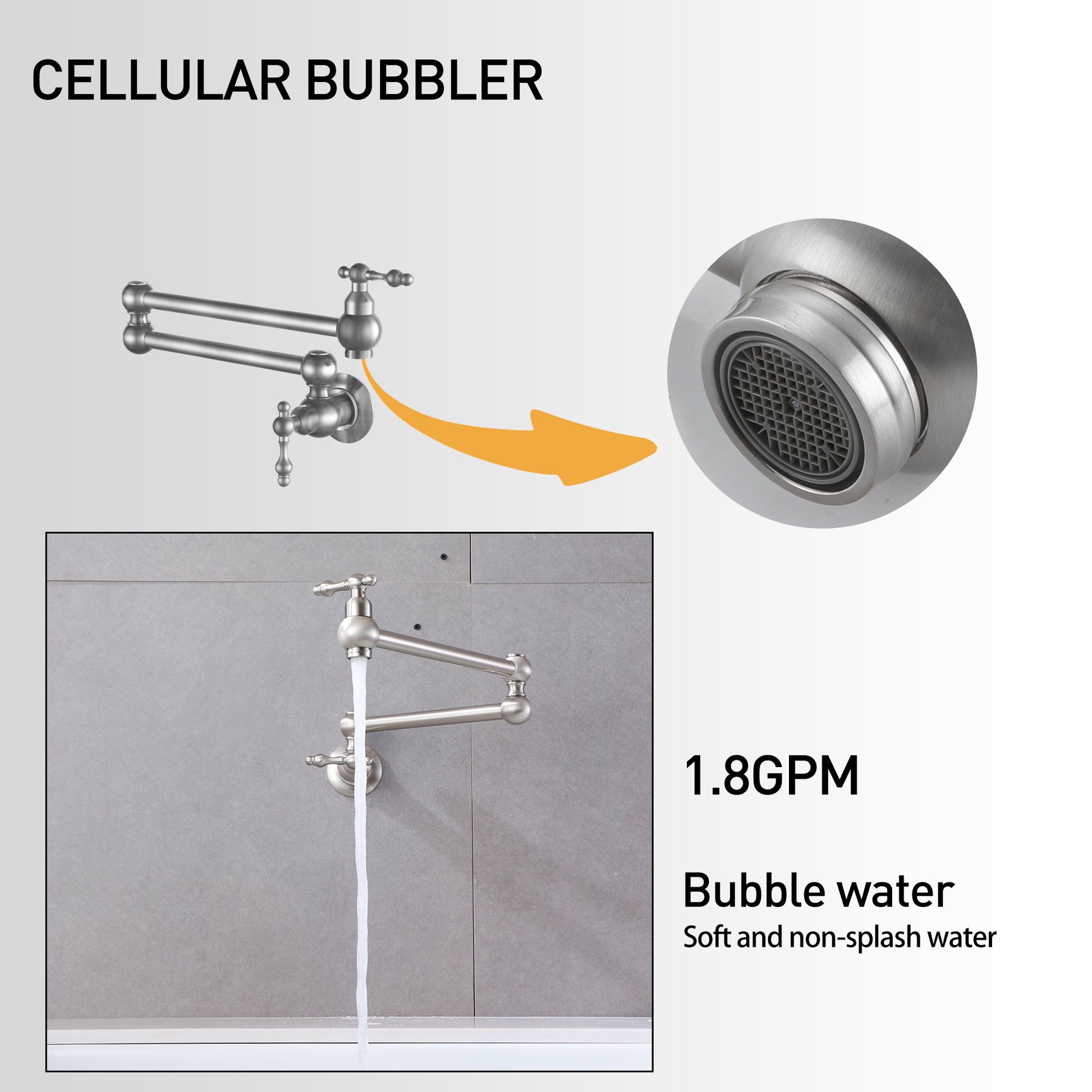 Wall Mounted Pot Filler Faucet with Double Handles, 360° Rotatable Folding Spout, Solid Brass Construction, Anti-Splash Aerator