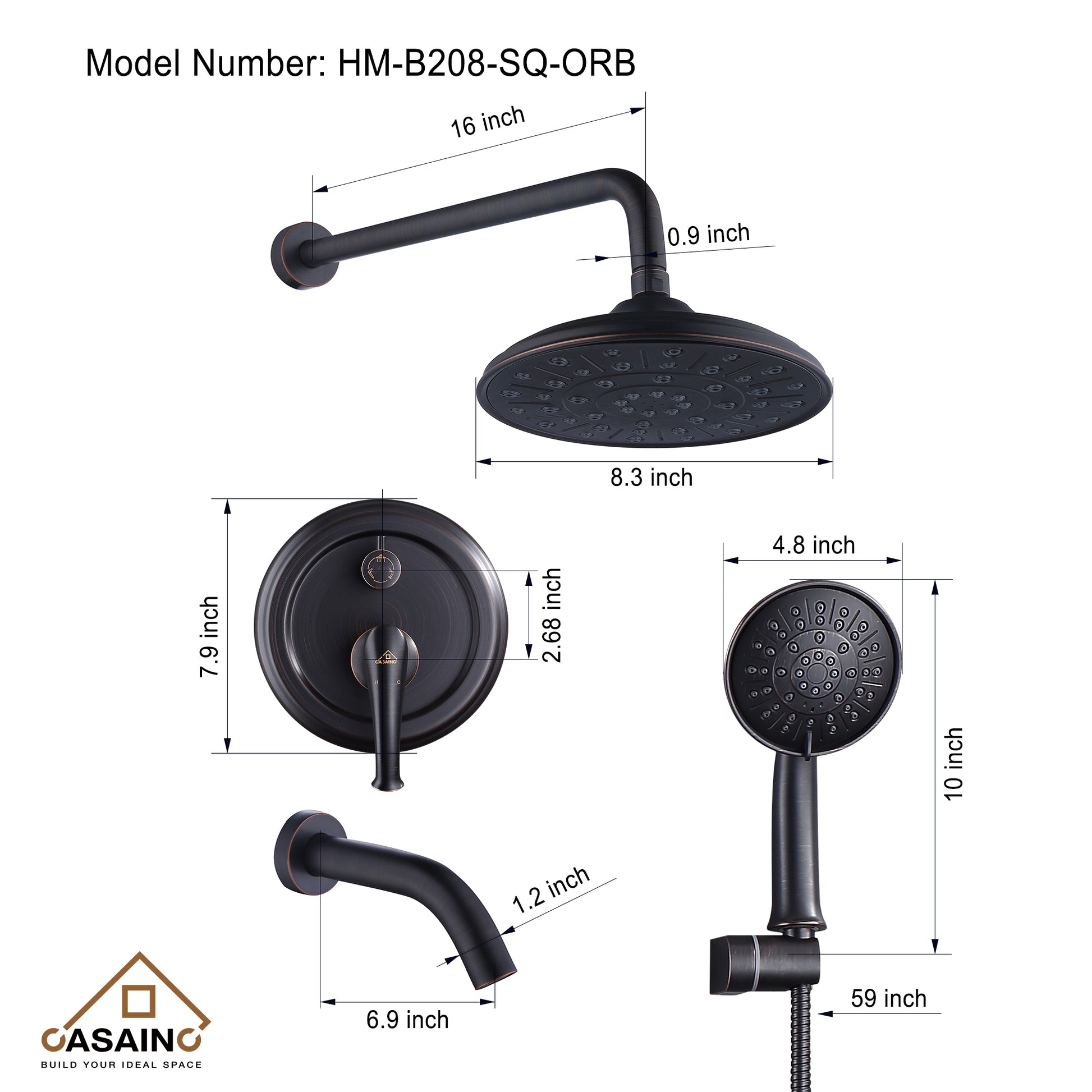 CASAINC 8.3 inch Wall-mounted rain shower faucet with pressure balanced valve