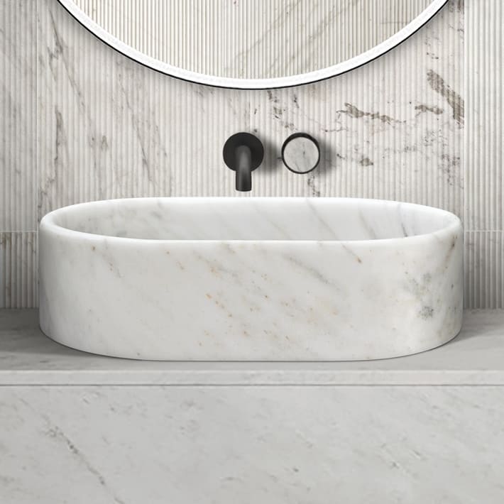 23.6" Natural Marble Vessel Sink with Polished Finish – Real Stone Bathroom Basin in  Beige Gold/White Natural/Gray/Green