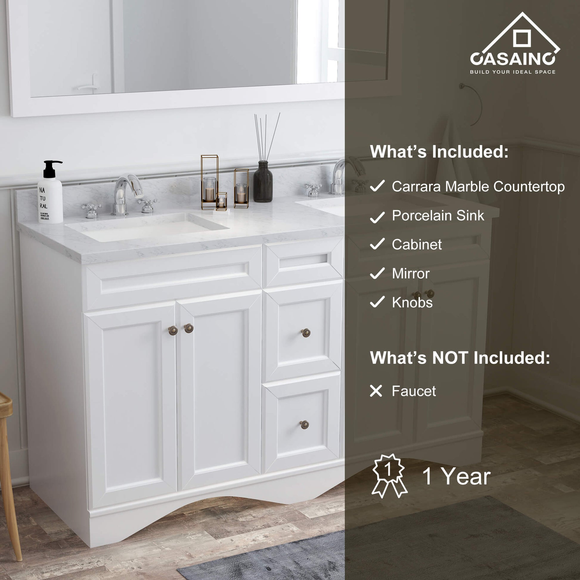 CASAINC 60 x 22 x 35.4 in. Solid Wood Bath Vanity with Marble Top and Backsplash in Gray/White (No/With Mirror)