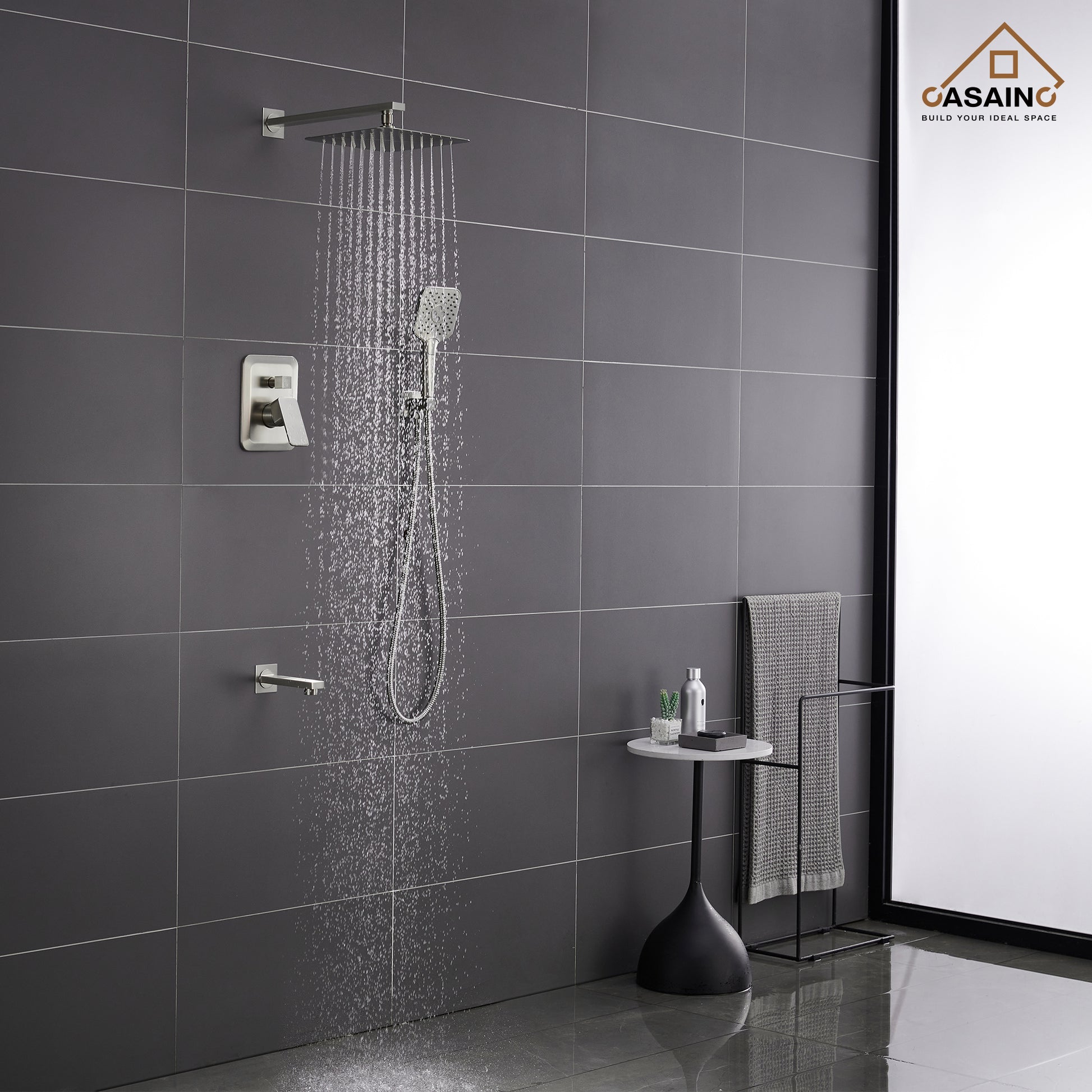 CASAINC 10 inch Square Wall-mounted rain shower faucet with pressure balanced valve