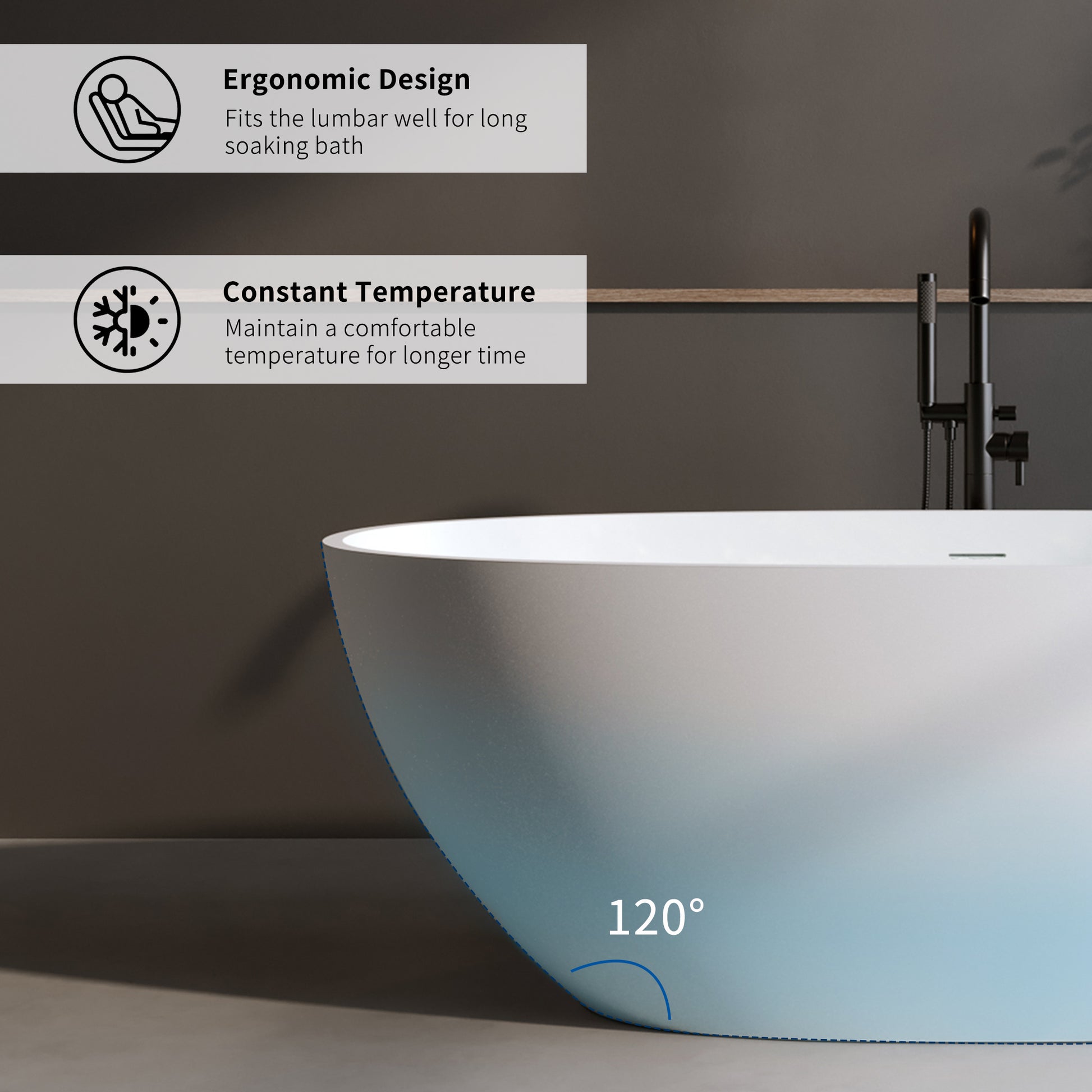 55"/59"/63"/67"/71" Freestanding Solid Surface Soaking Bathtub with Smooth Matte Finish