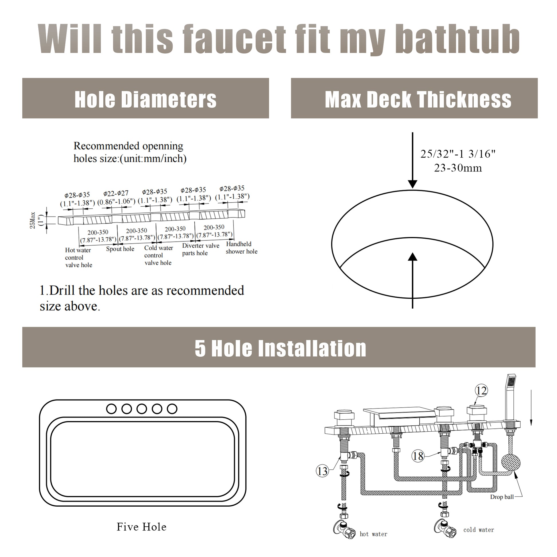 3-Handle 5 Holes Deck-Mounted Bathtub Faucet with Handheld Shower