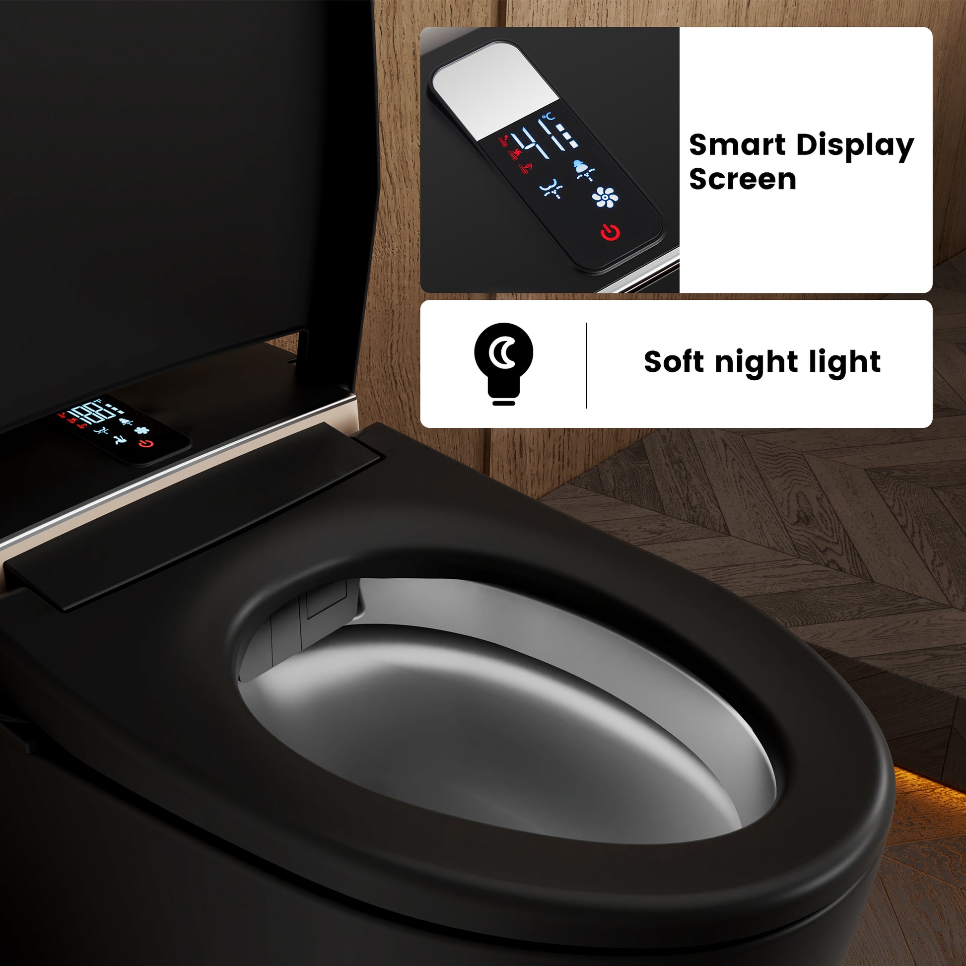 Luxe Smart Bidet Toilet with Built-in Deodorizer and LED Display, White, Black & Grey