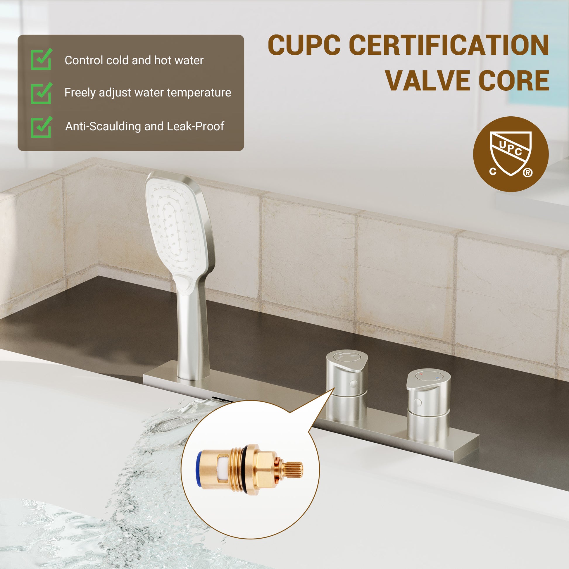 2-Handle Deck-Mounted Bathtub Faucet with 2 Spray Modes Hand Shower