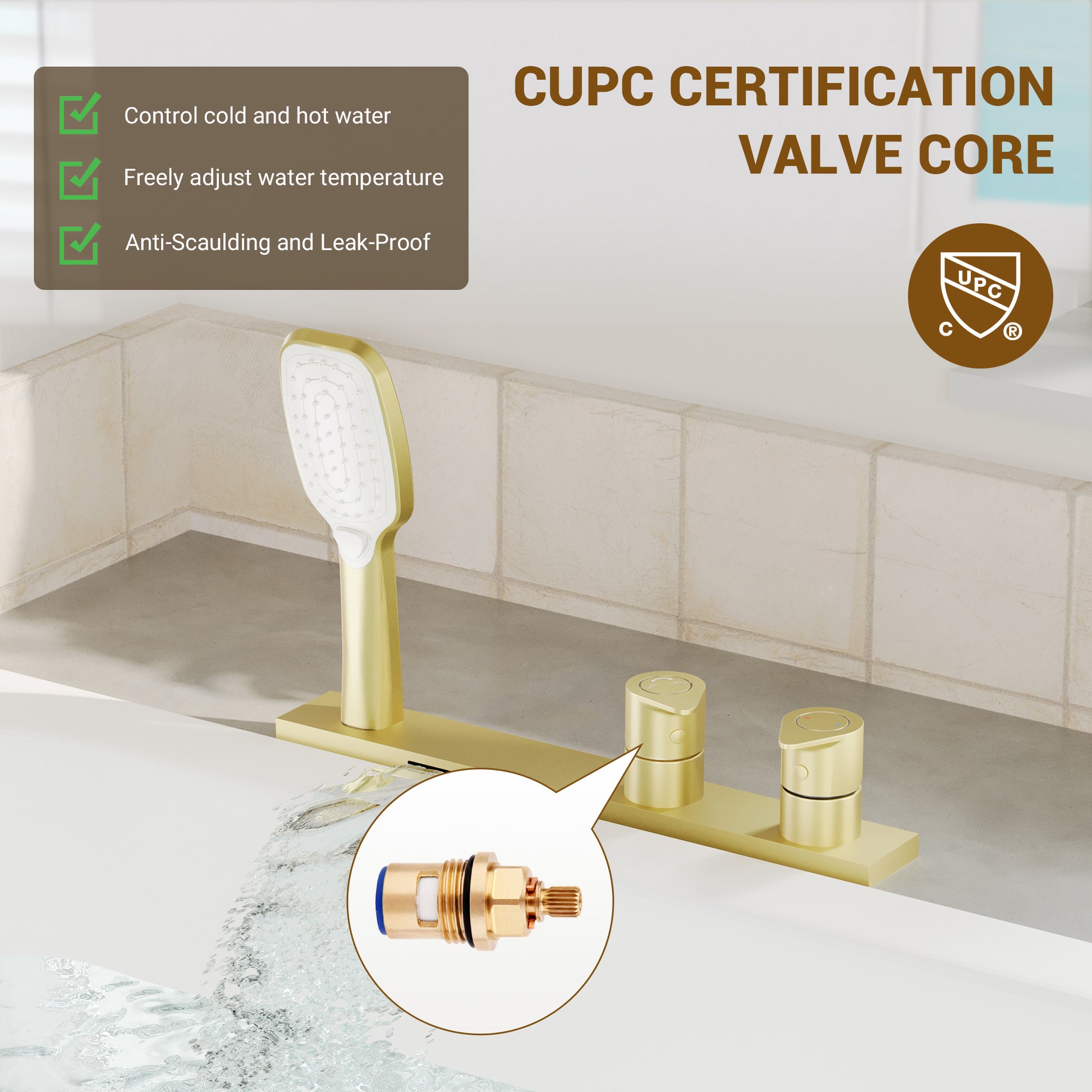 2-Handle Deck-Mounted Bathtub Faucet with 2 Spray Modes Hand Shower