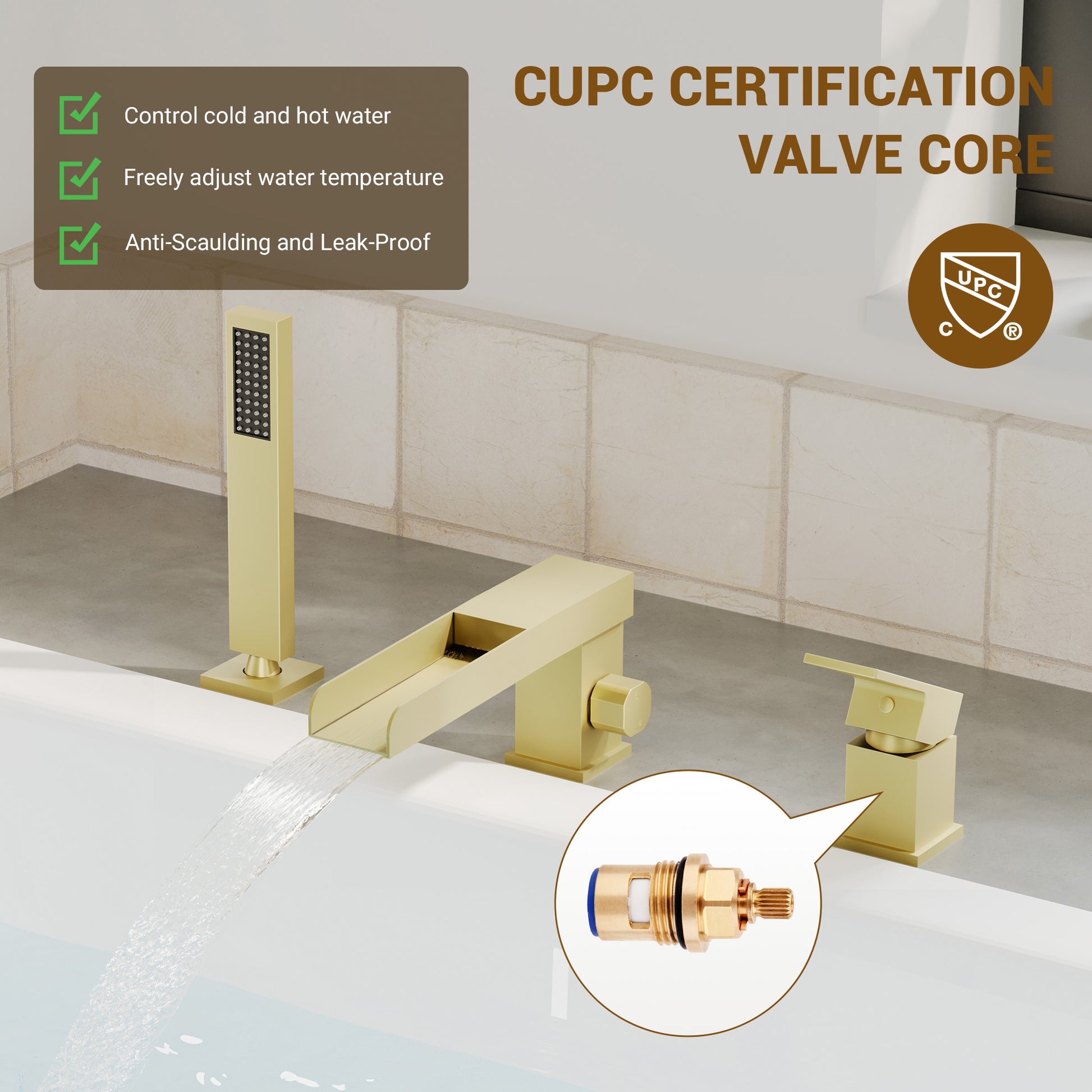 Single-Handle 3 Holes Waterfall Bathtub Filler Faucet with Hand Shower