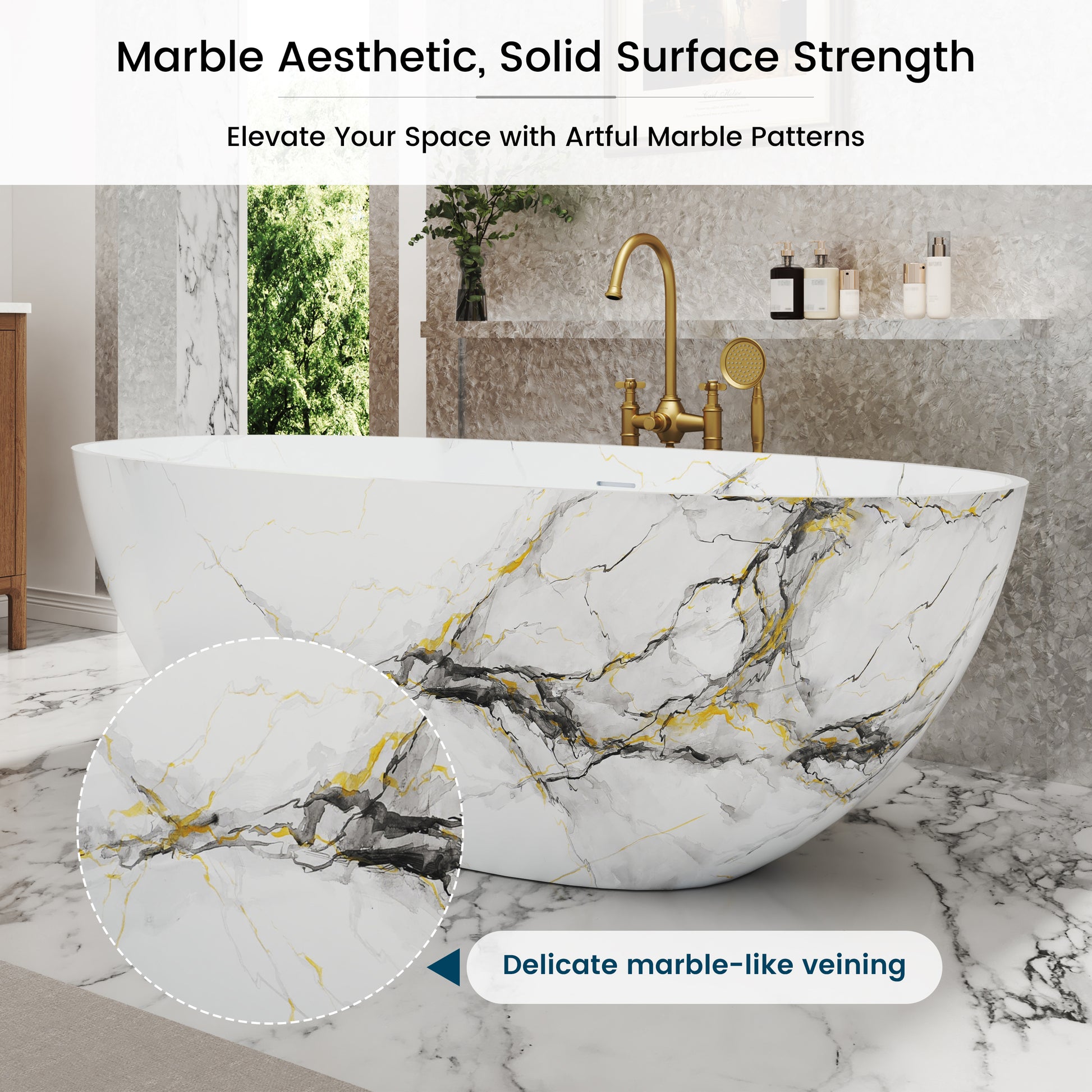 65" Freestanding Solid Surface Oval Bathtub in Marble Look Finish