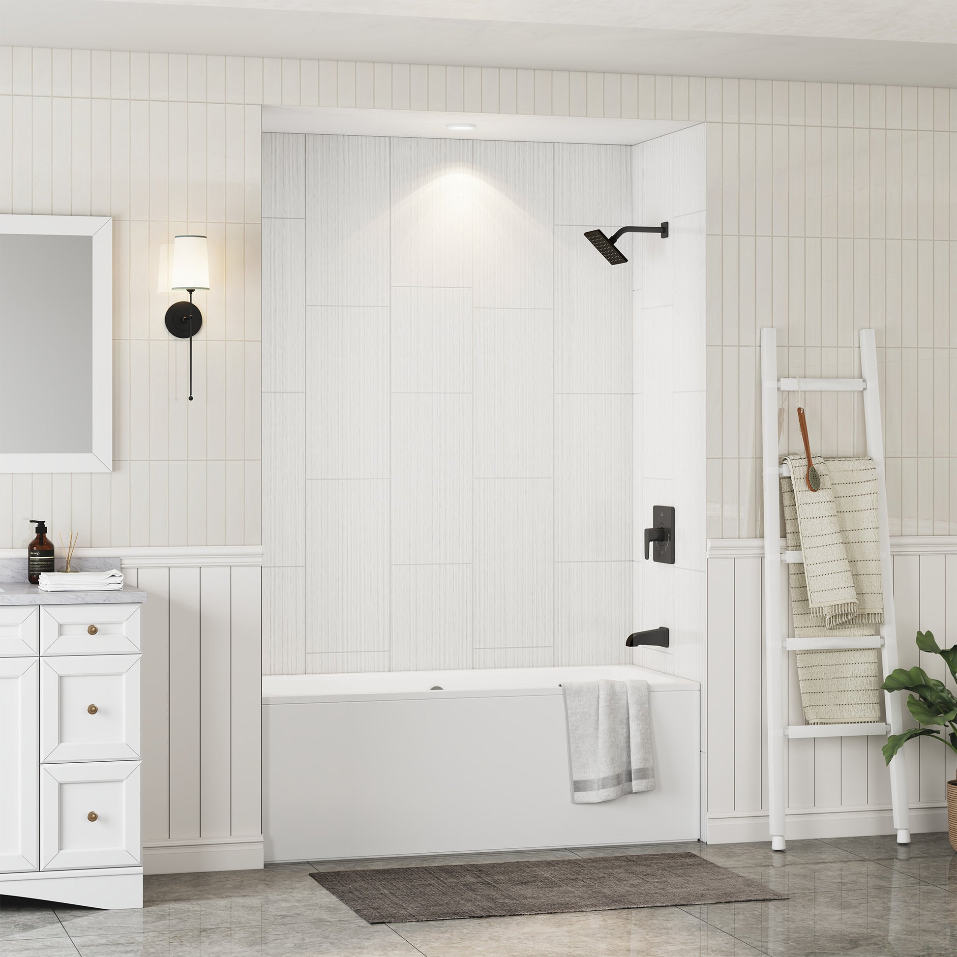 White Solid Surface 3-Piece Glue Up Alcove Shower Wall Surround