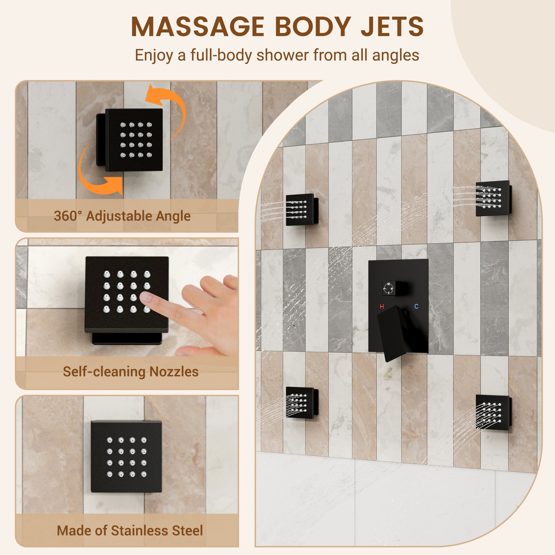 12-inch Wall-Mounted 4-Function Dual Shower System with Body Jets