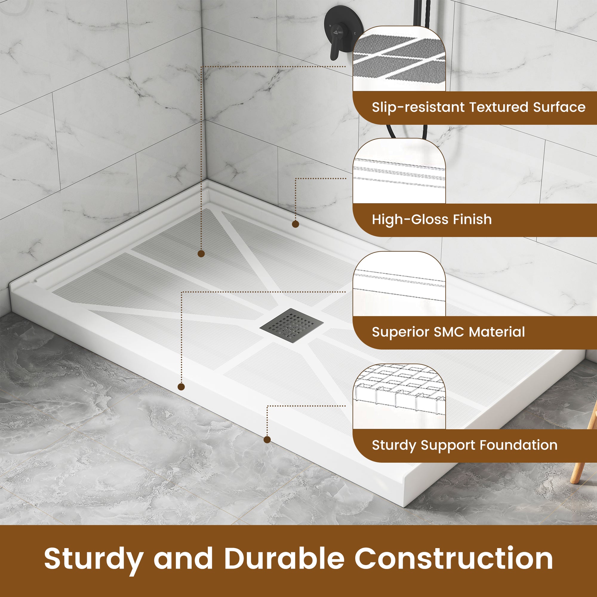 Center Drain Shower Base - Durable, Slip-Resistant, and Waterproof