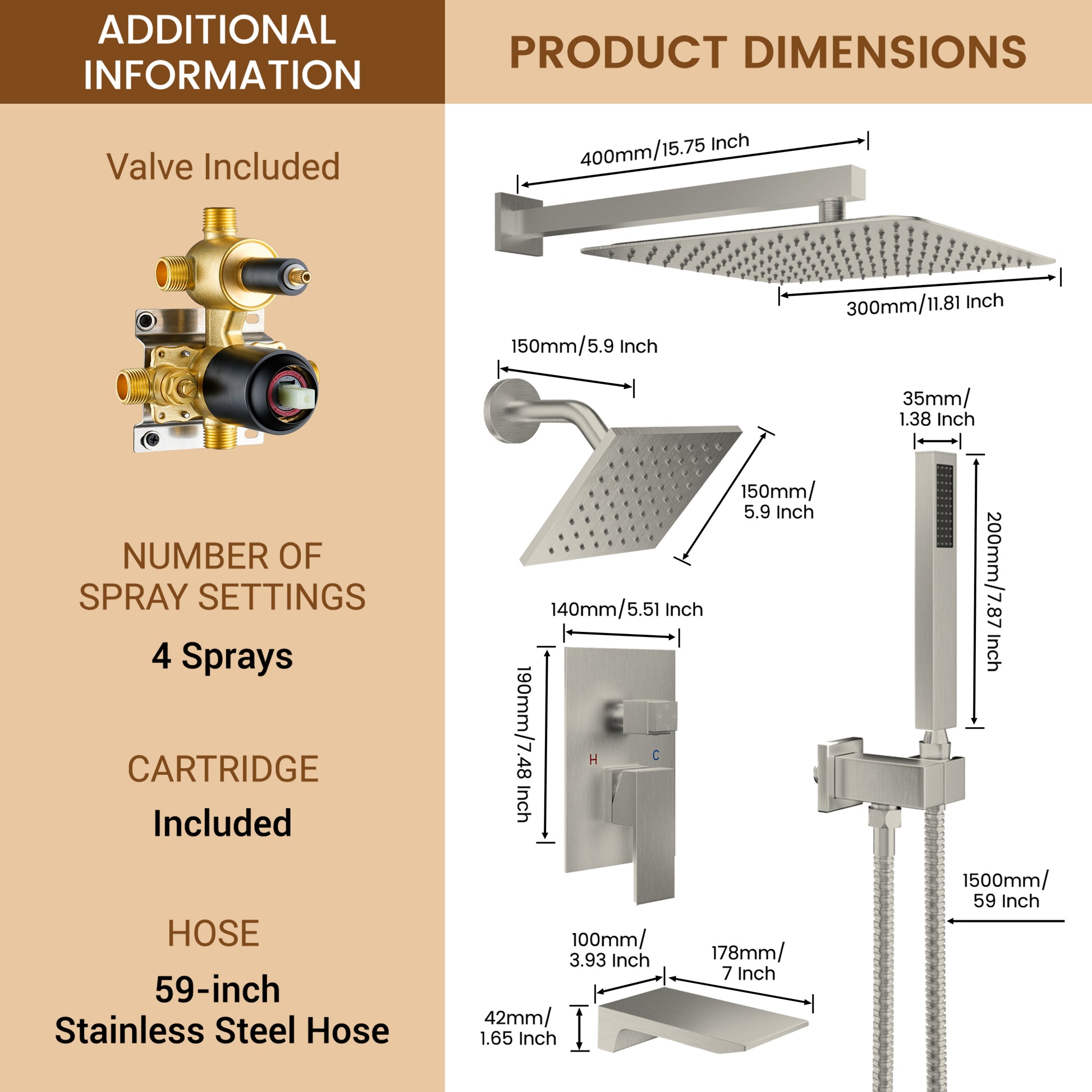 12" 4-Function Dual Shower Head System with Tub Spout