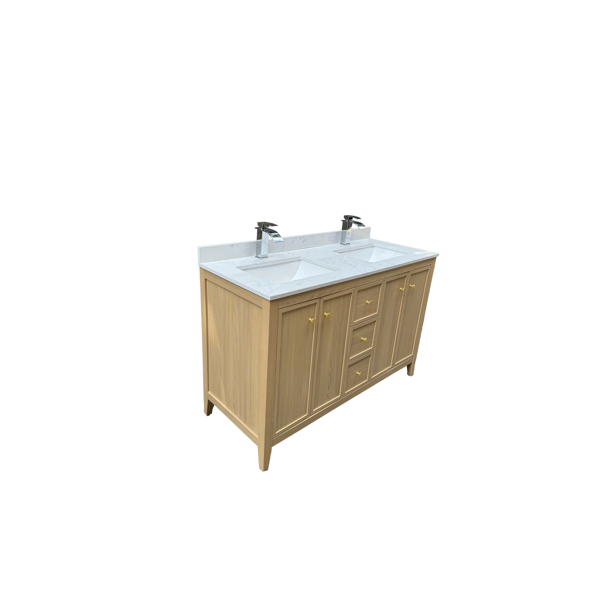 54" Light Oak Freestanding Bathroom Vanity with Double Sink & Marble Top