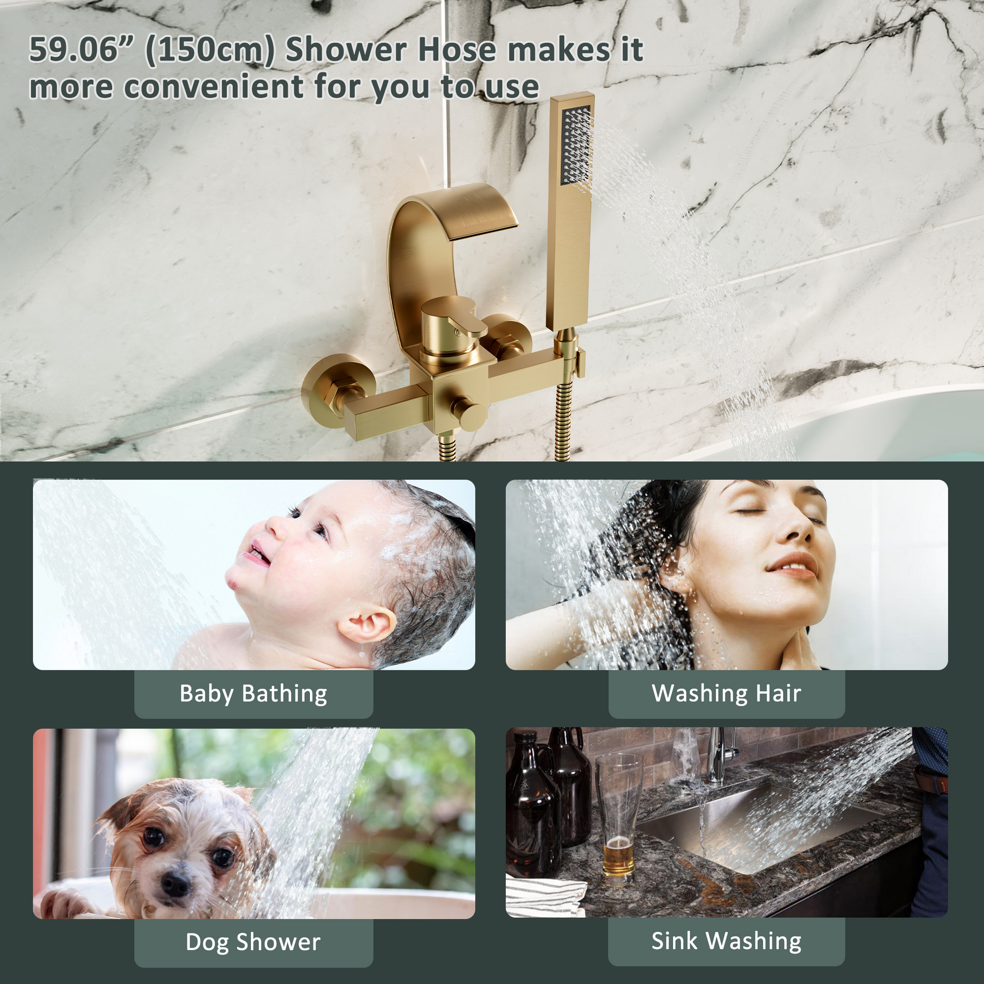 Wall-Mounted Brass Waterfall Tub Filler with Handheld Shower