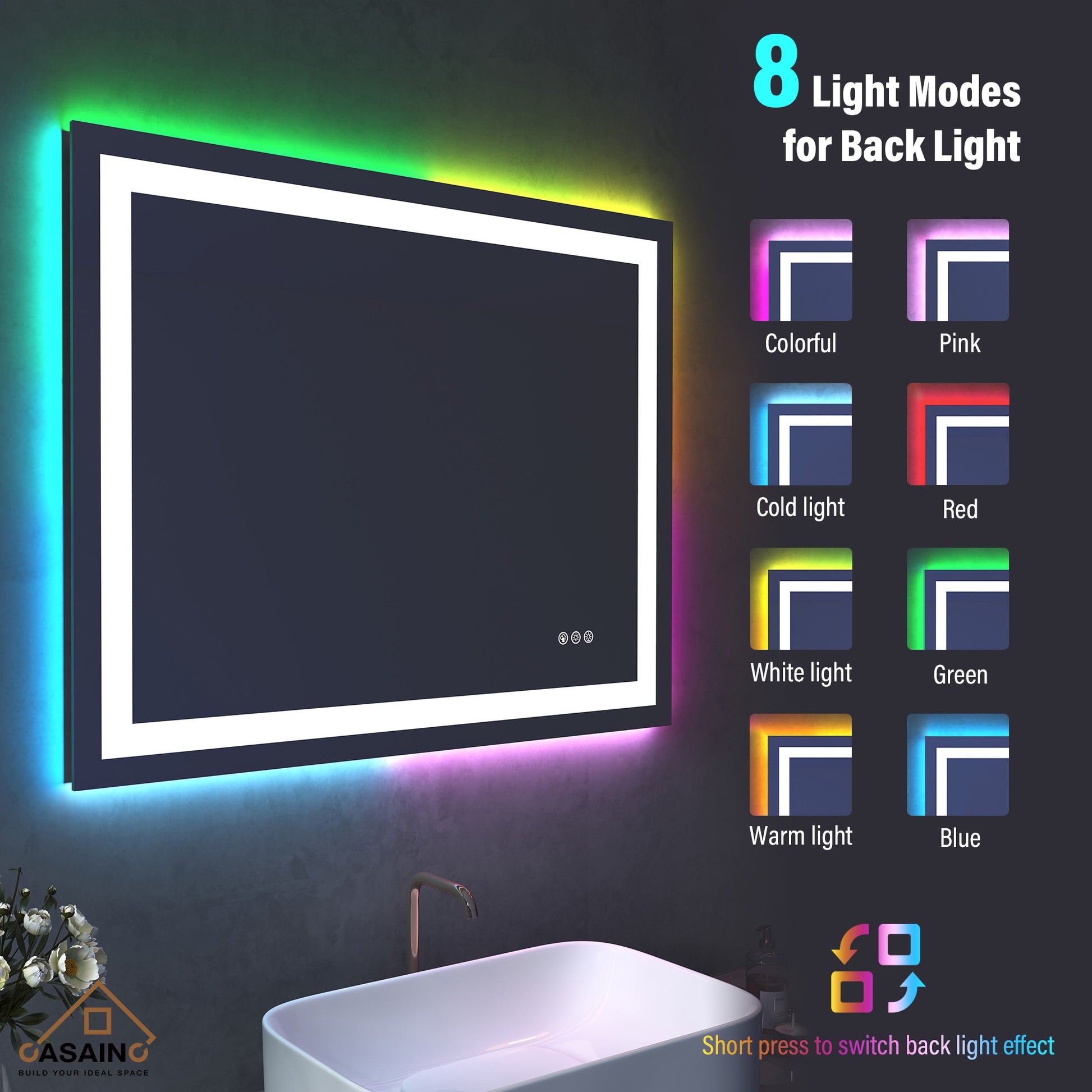 Tempered RGB LED Bathroom Mirror with Smart Controls & Anti-Fog