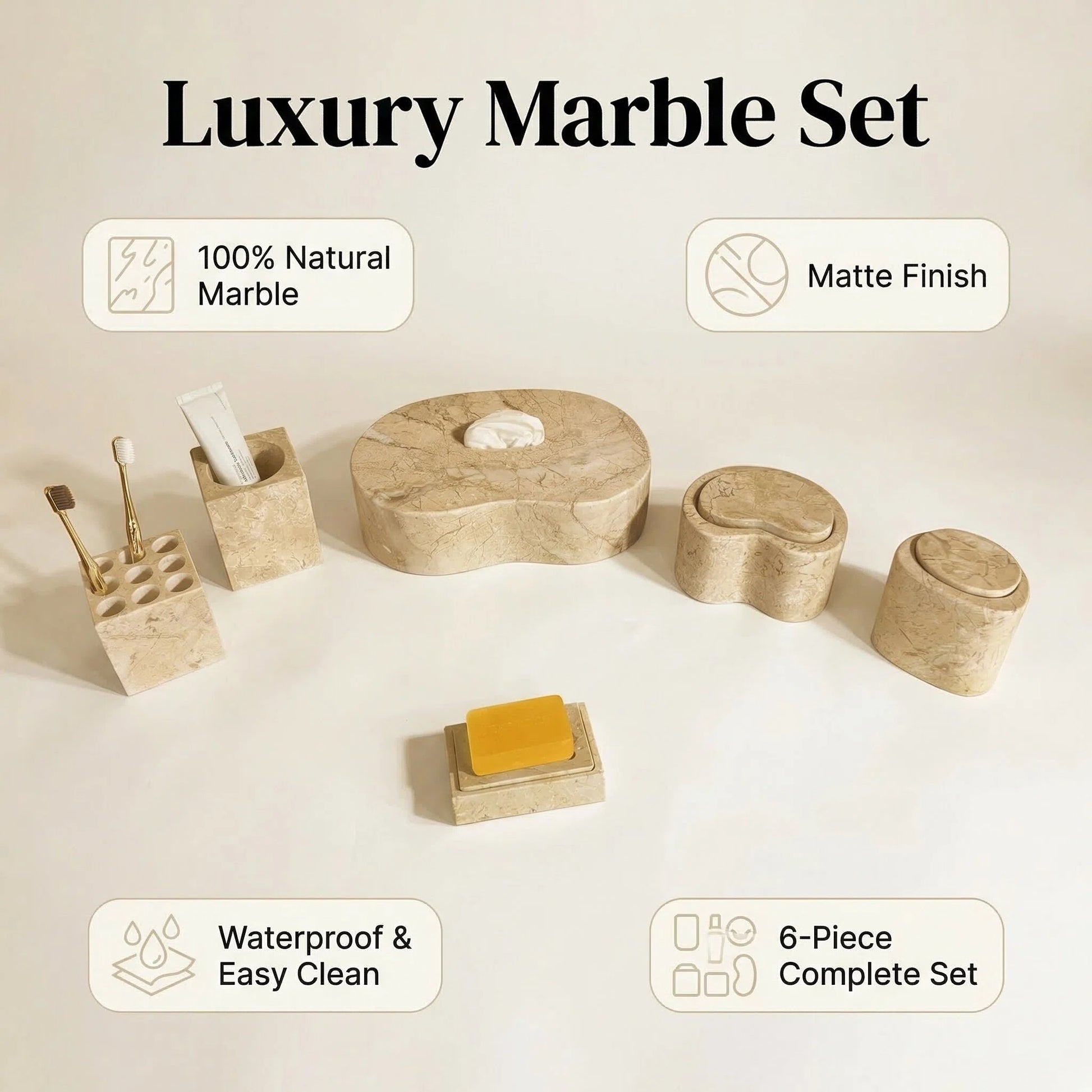 6-Piece Marble Bathroom Accessories Set - Gold