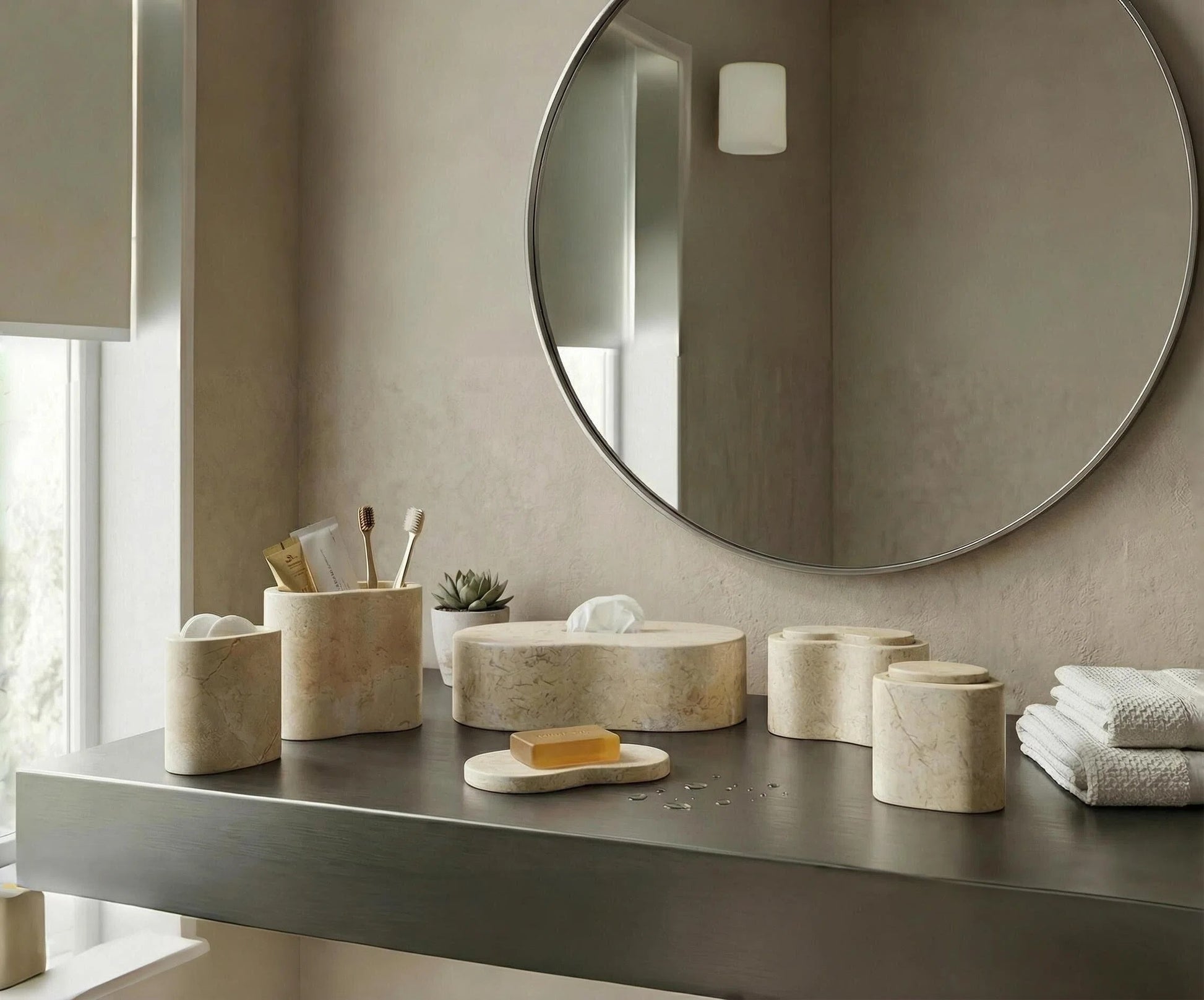 6-Piece Marble Bathroom Accessories Set - Gold Beige