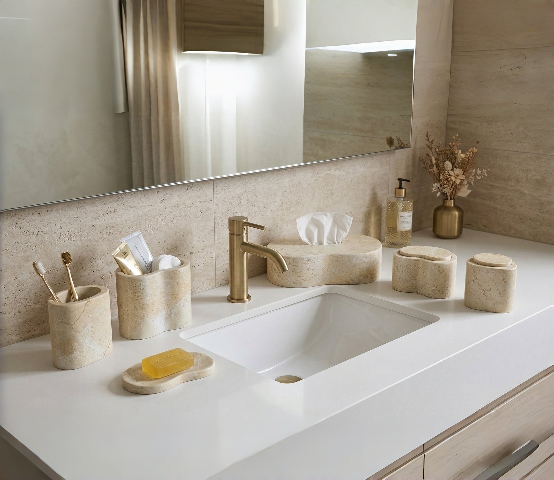 6-Piece Marble Bathroom Accessories Set - Gold Beige