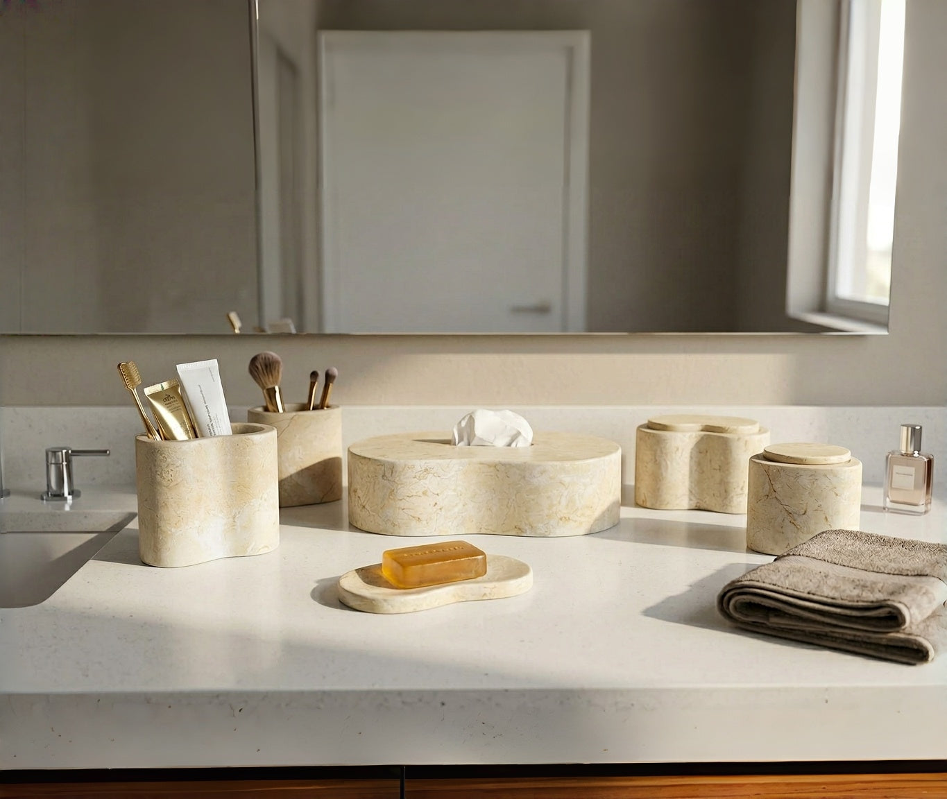 6-Piece Marble Bathroom Accessories Set - Gold Beige