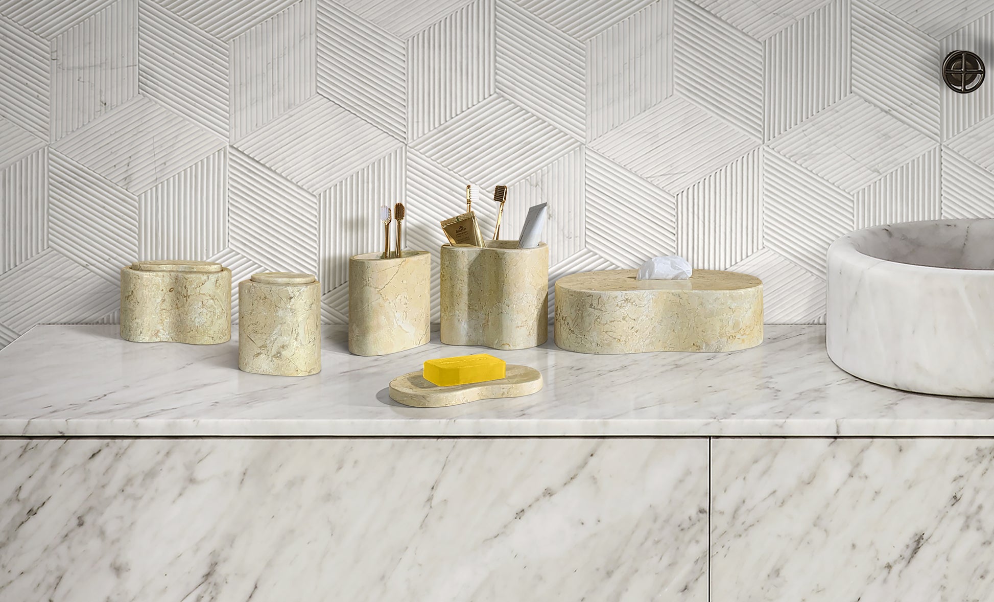 6-Piece Marble Bathroom Accessories Set - Gold Beige