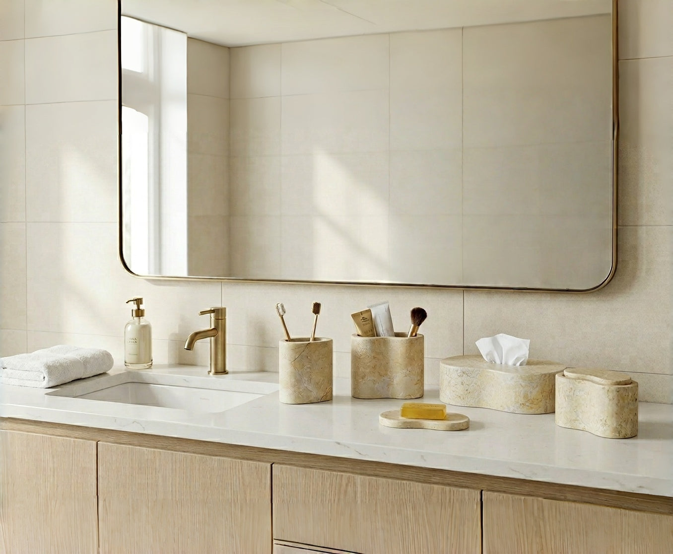 6-Piece Marble Bathroom Accessories Set - Gold Beige