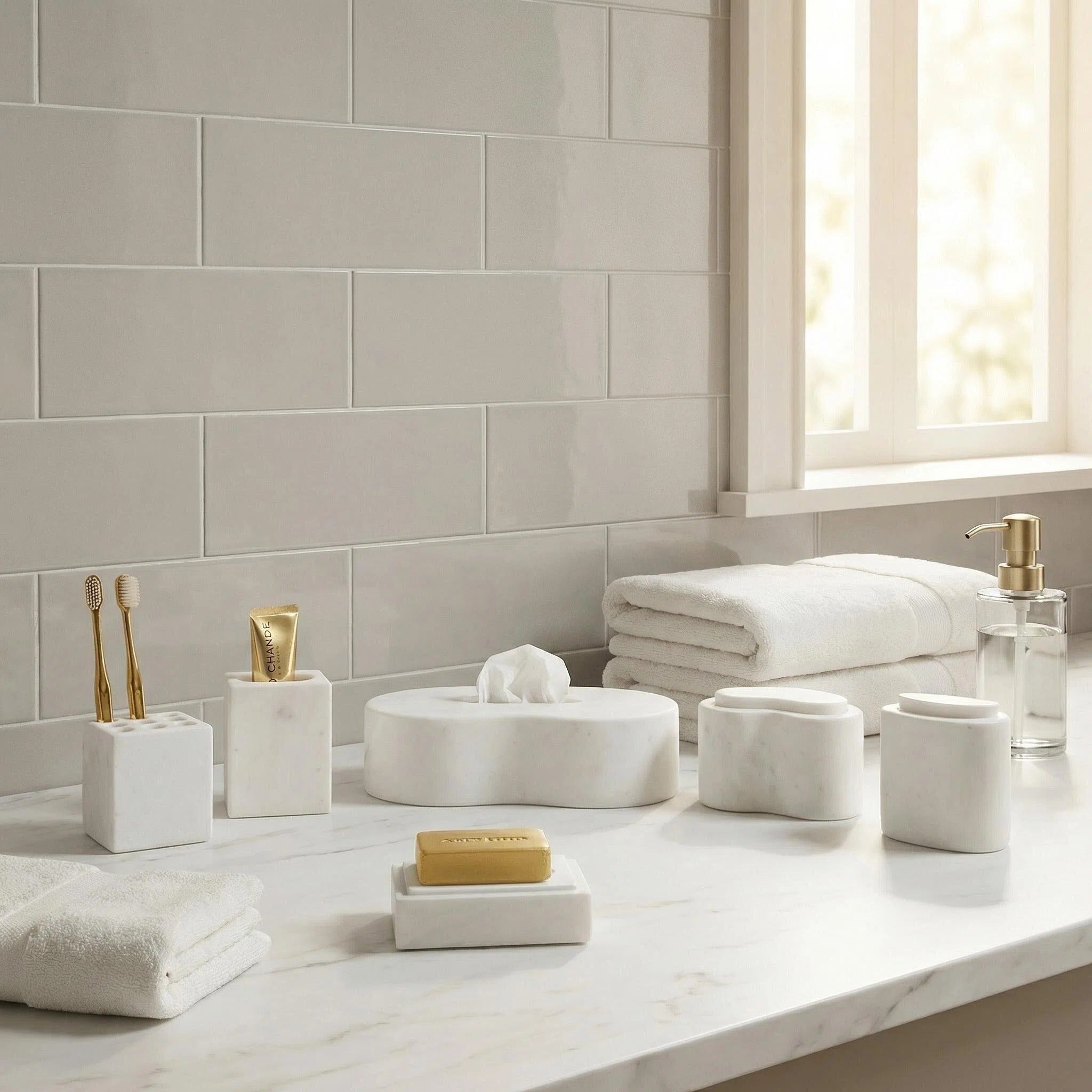 6-Piece Marble Bathroom Accessories Set - White