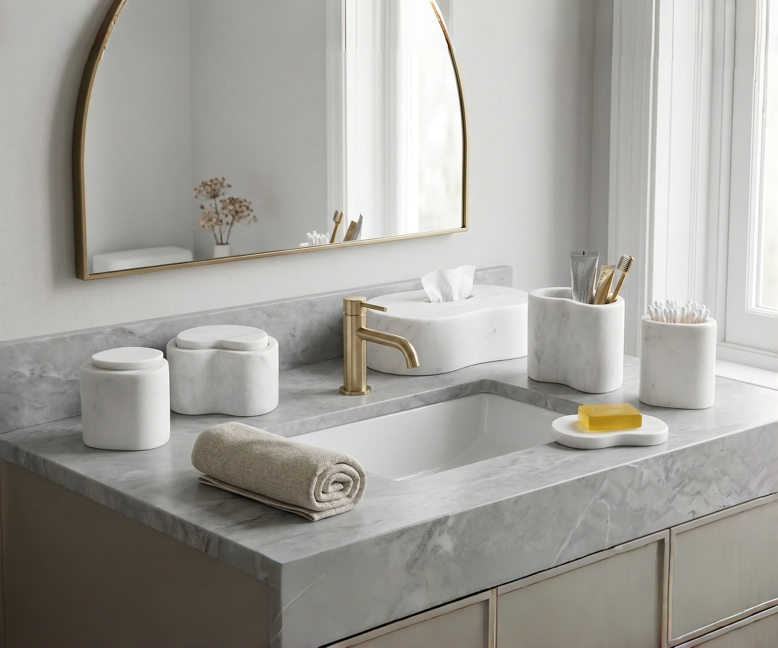 6-Piece Semi Polished Marble Bathroom Accessories Set - White