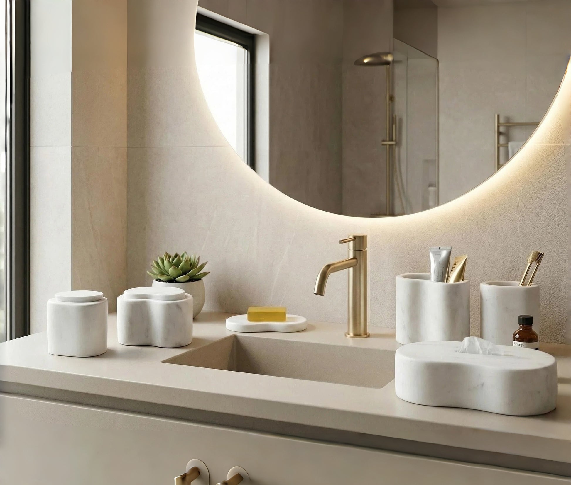 6-Piece Semi Polished Marble Bathroom Accessories Set - White