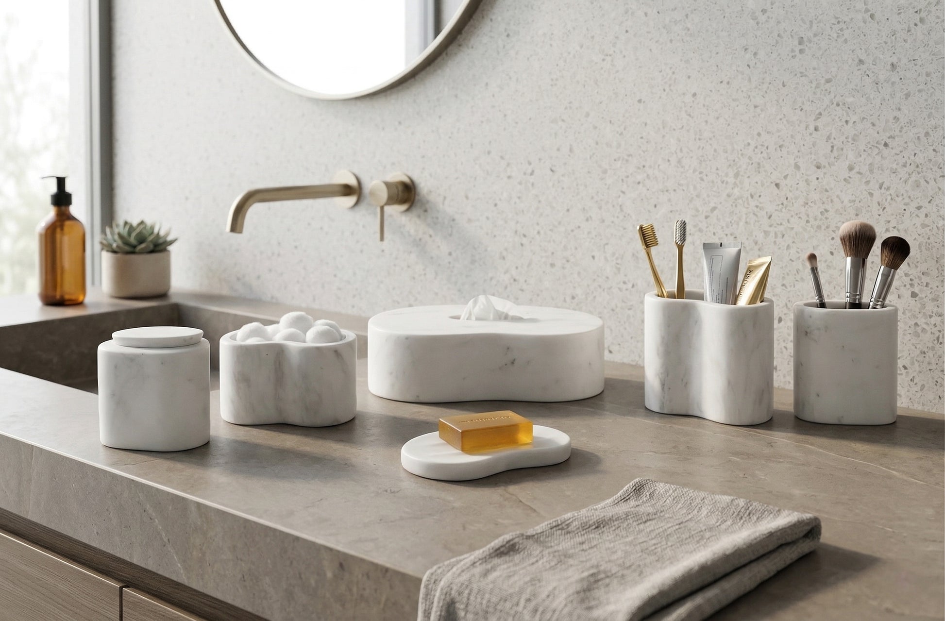 6-Piece Semi Polished Marble Bathroom Accessories Set - White