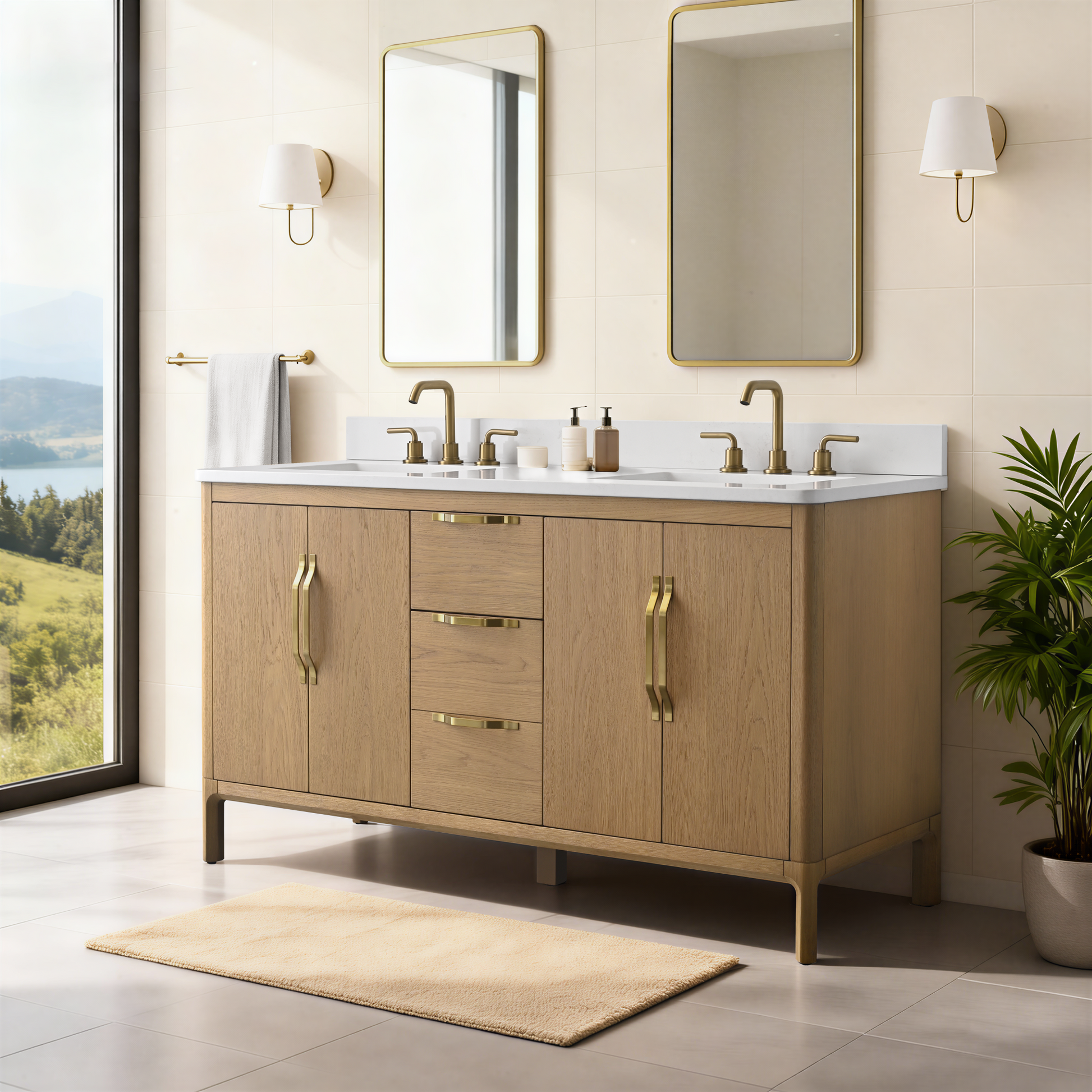 60-inch Bathroom Vanity with Carrara White Engineering Stone Top
