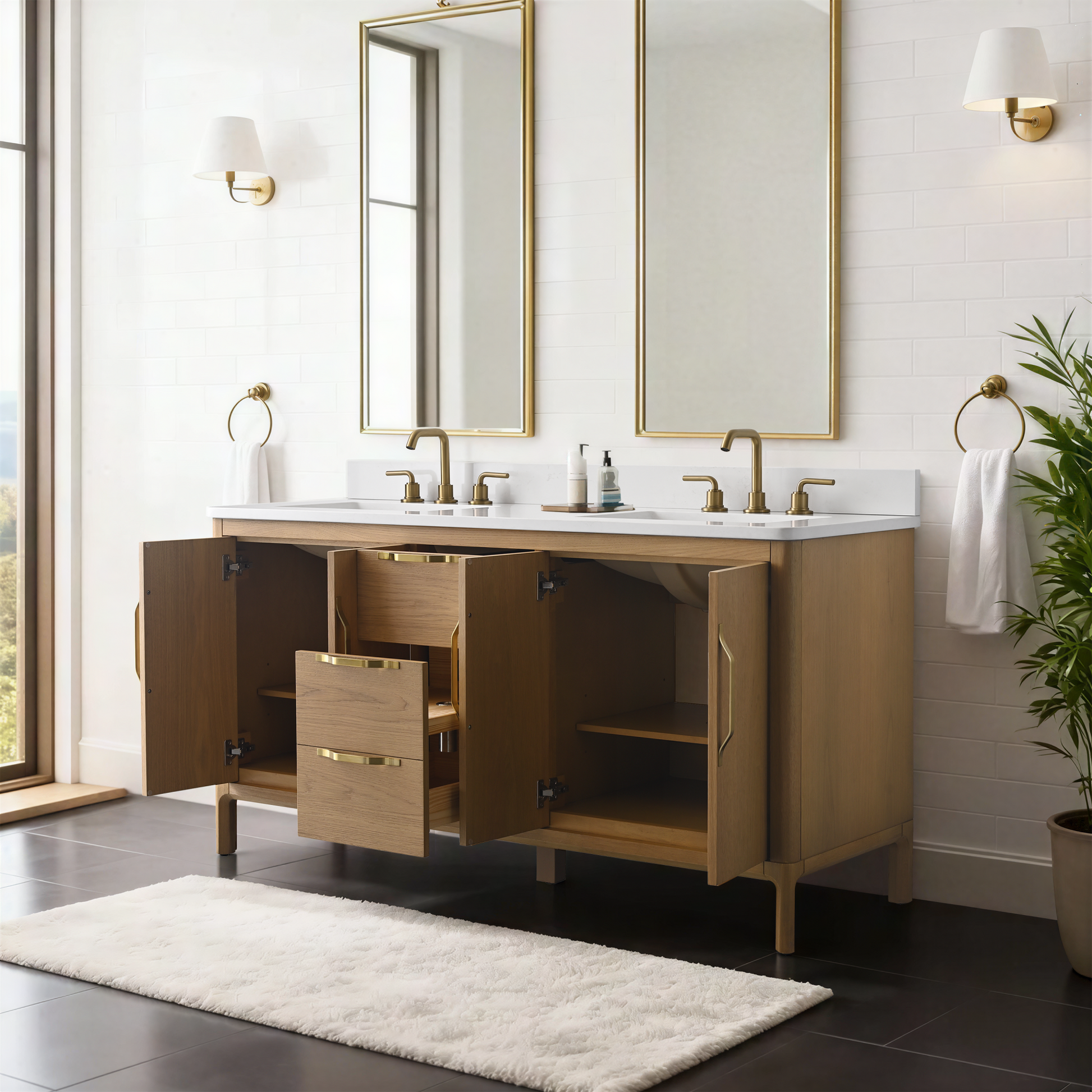 60-inch Bathroom Vanity with Carrara White Engineering Stone Top