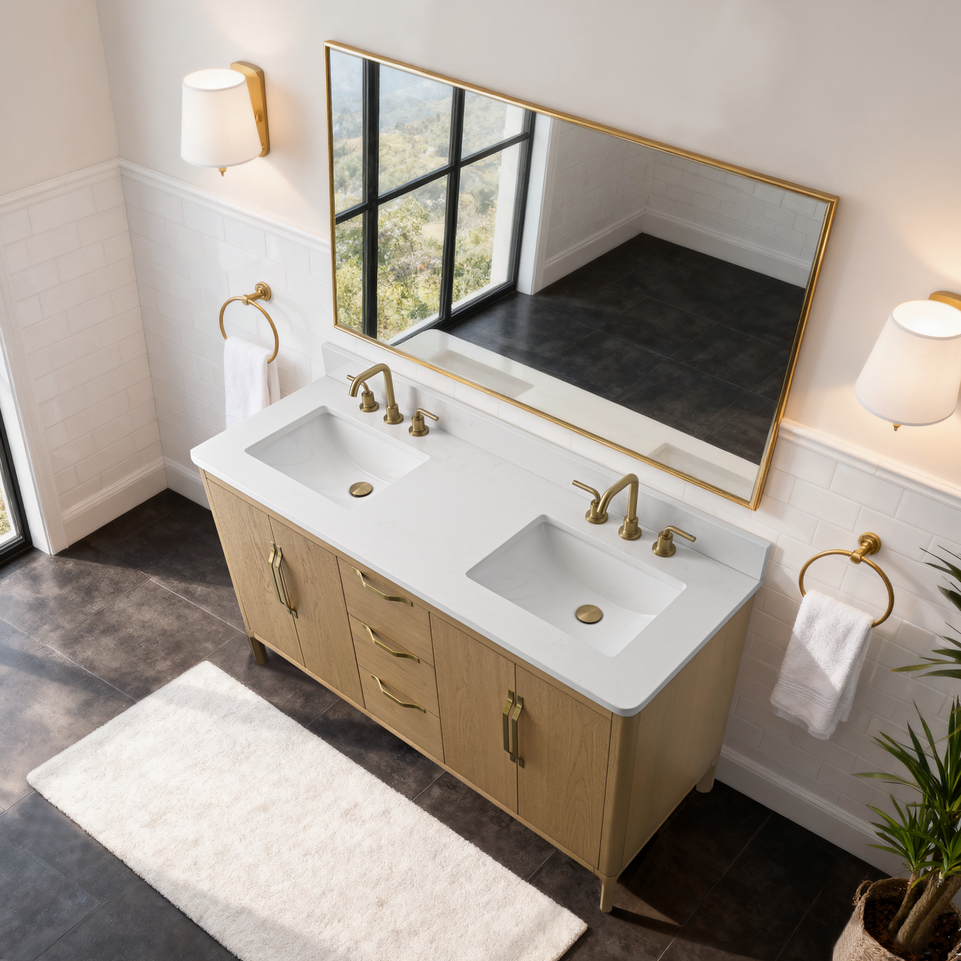 60-inch Bathroom Vanity with Carrara White Engineering Stone Top