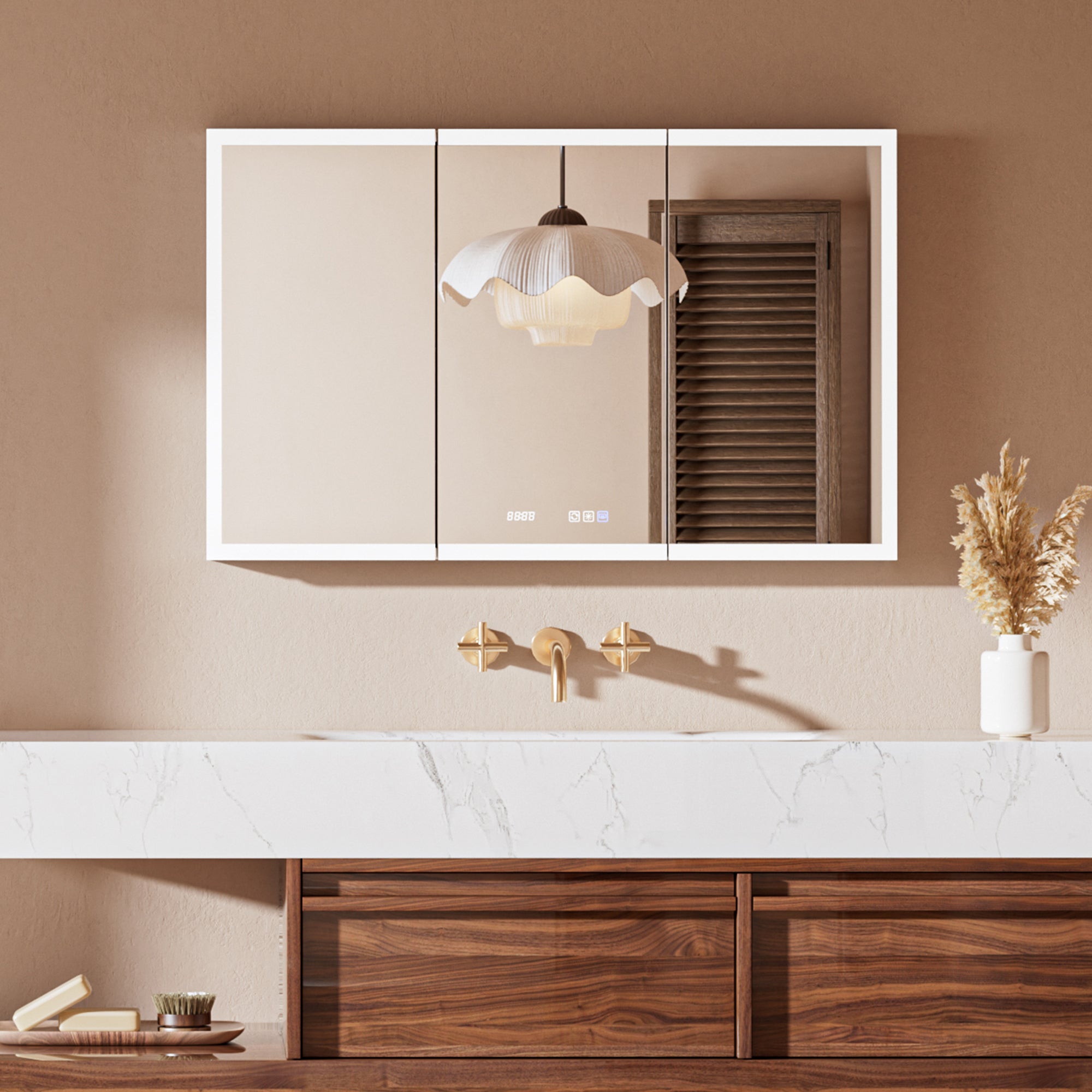 60" W x 36" H LED Lighted Bathroom Medicine Cabinet with Mirror, Tempered Glass Door, Anti-Fog Function and Adjustable Shelves Storage Cabinet
