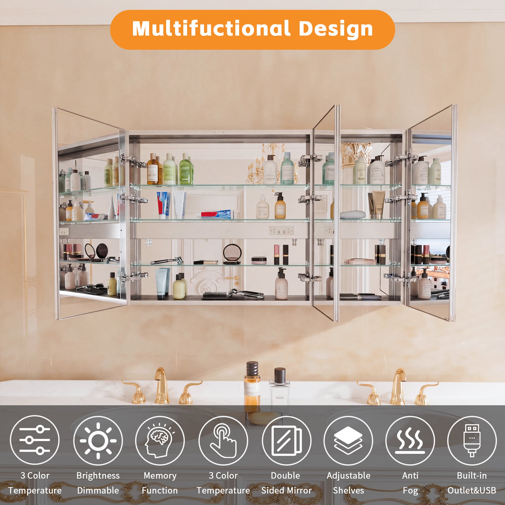 60" W x 36" H LED Lighted Bathroom Medicine Cabinet with Mirror, Tempered Glass Door, Anti-Fog Function and Adjustable Shelves Storage Cabinet