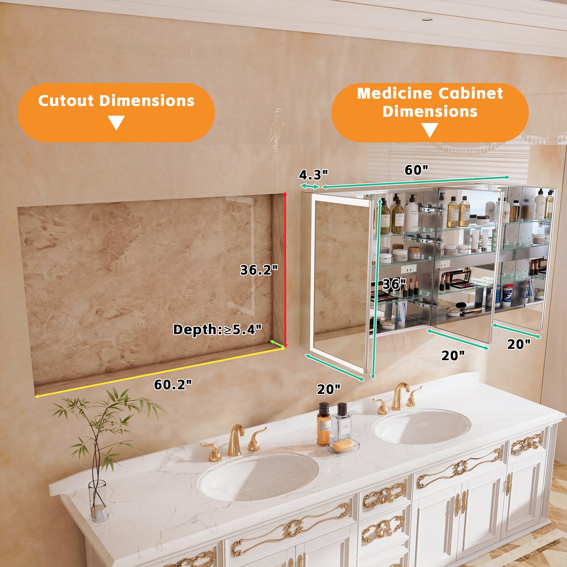 60" W x 36" H LED Lighted Bathroom Medicine Cabinet with Mirror, Tempered Glass Door, Anti-Fog Function and Adjustable Shelves Storage Cabinet