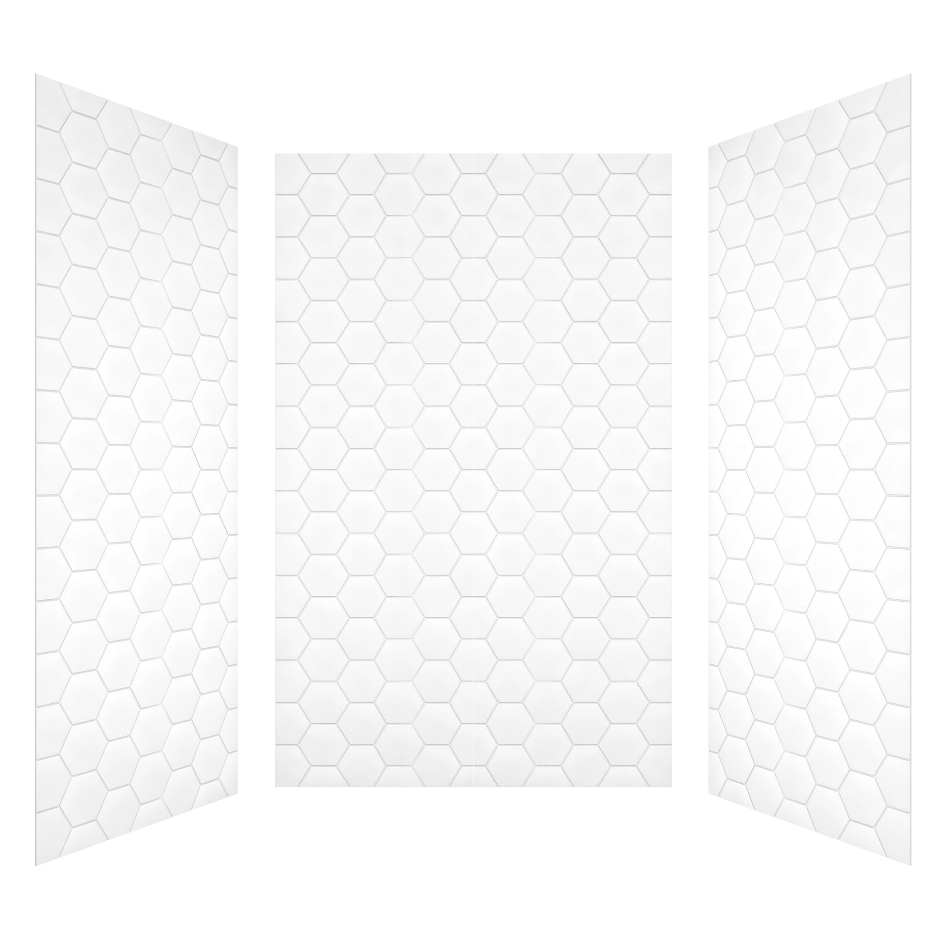 60" White Glossy Hexagon Shower Wall, Artificial Stone Shower Panel